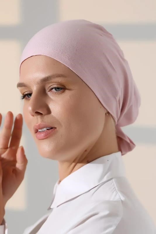 Dikişli Bağlamalı Düz Penye Tesettür Bone Pembe