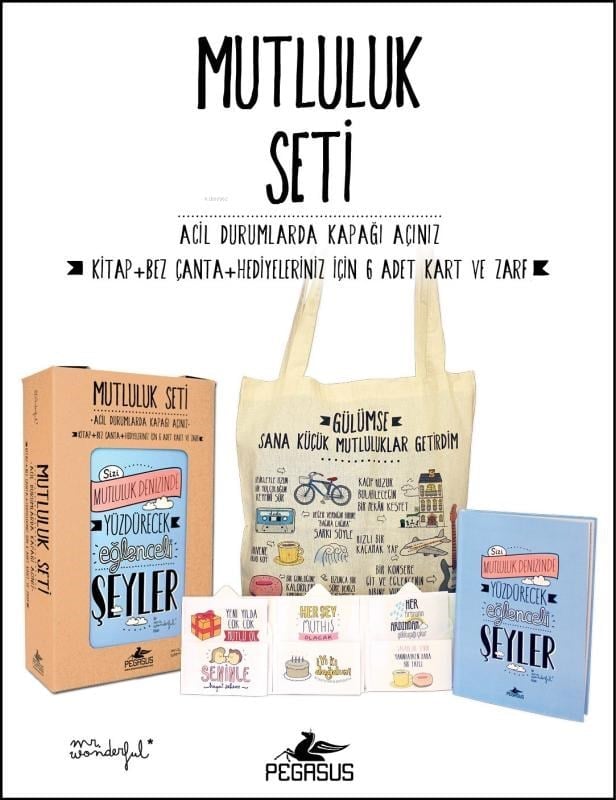 Mutluluk Seti; (Kitap + Bez Çanta + Hediyeleriniz İçin 6 Adet Kart ve Zarf)