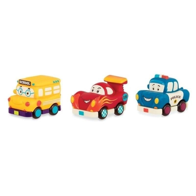 B.Toys 3'lü Mini Çek-Bırak Araba Seti - Okul Otobüsü / Yarış Arabası / Polis