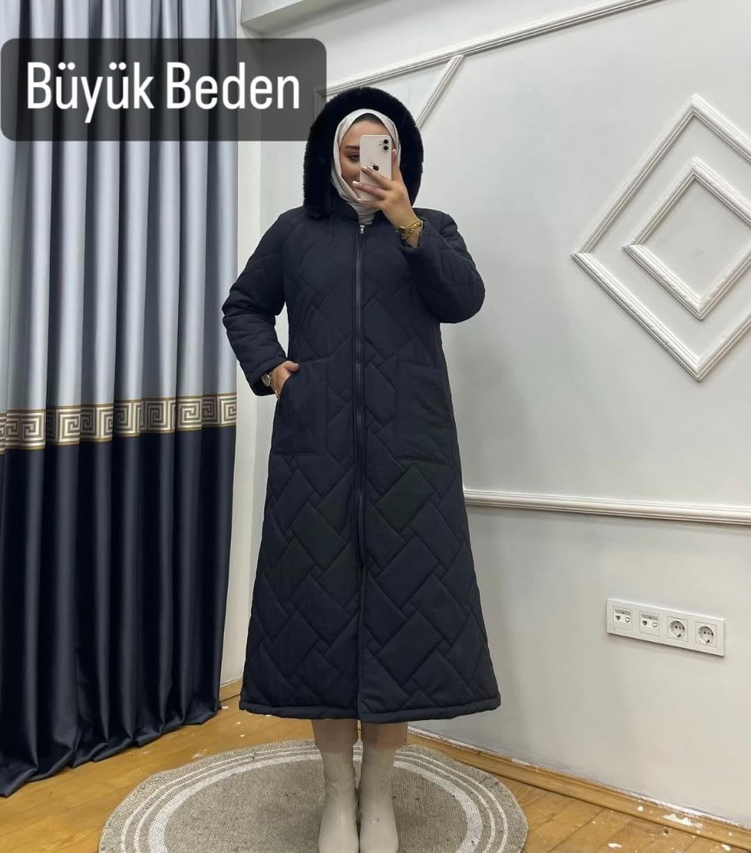 LİNEA KUMAŞ BÜYÜK BEDEN  ASTARLI KAPİTONE TAM BOY MONT SİYAH