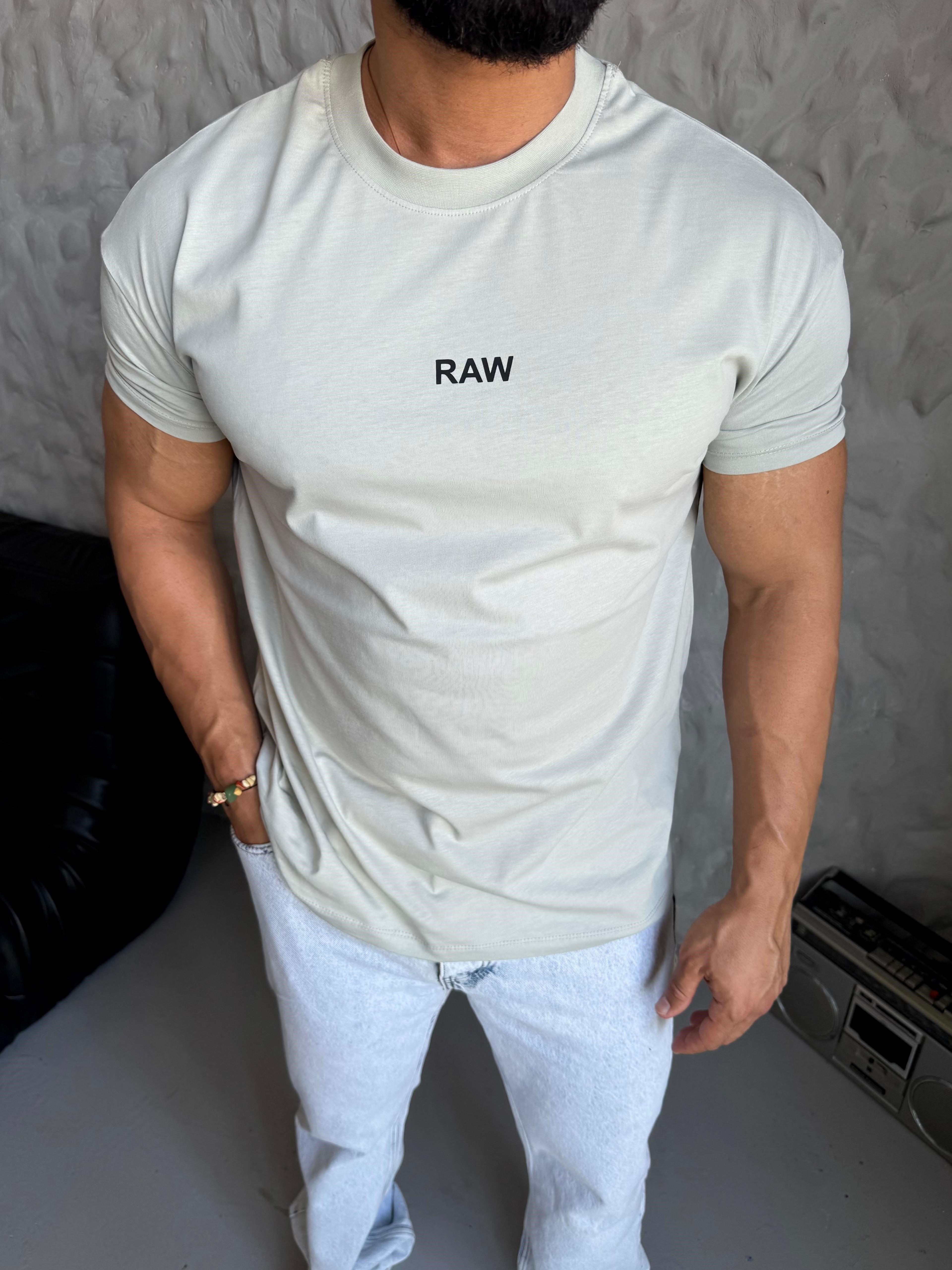 Bej RAW Baskı Kollar Omuz Dar Kesim Oversize Tişört