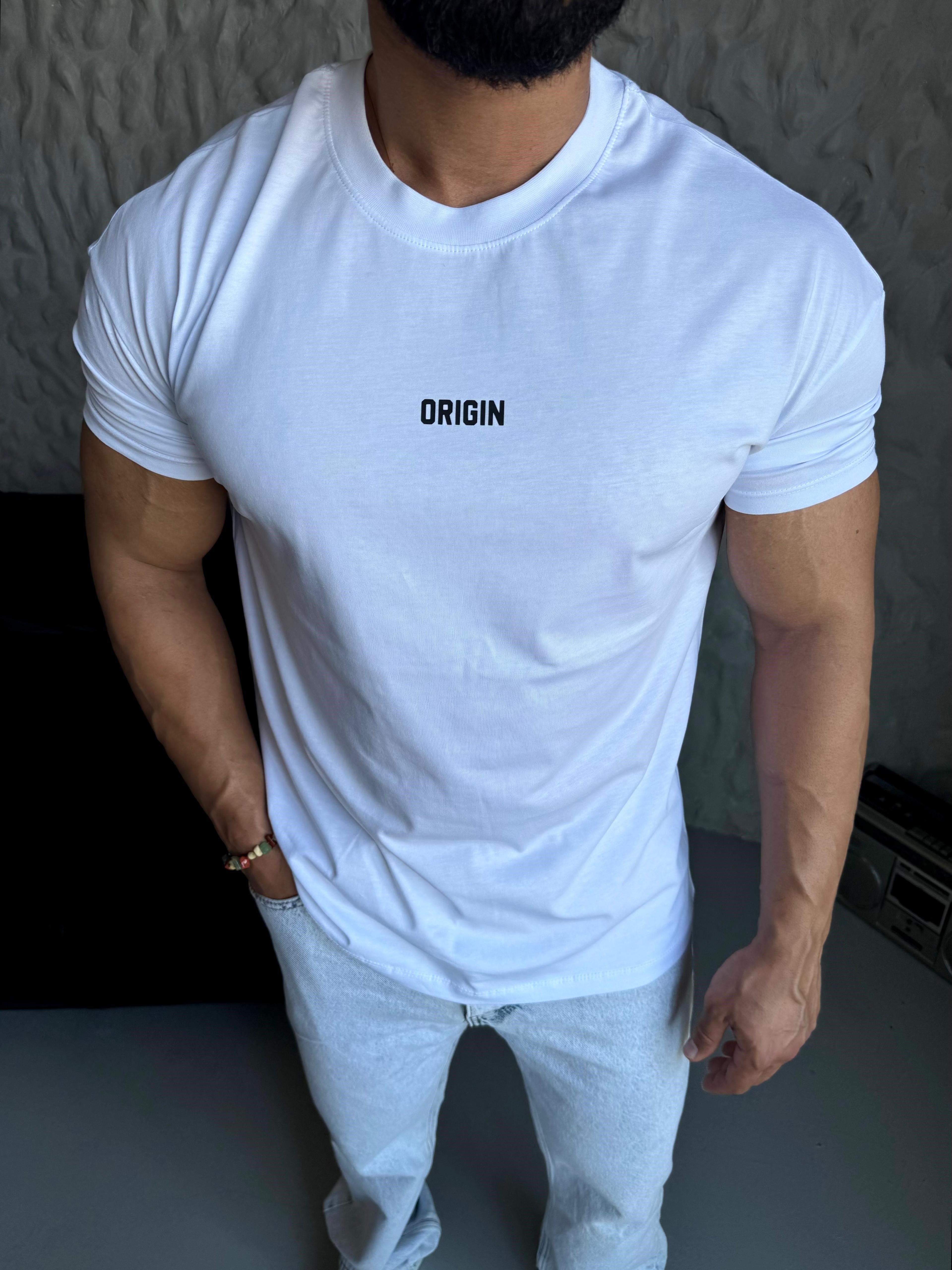 Beyaz ORIGIN Baskı Kollar Omuz Dar Kesim Oversize Tişört
