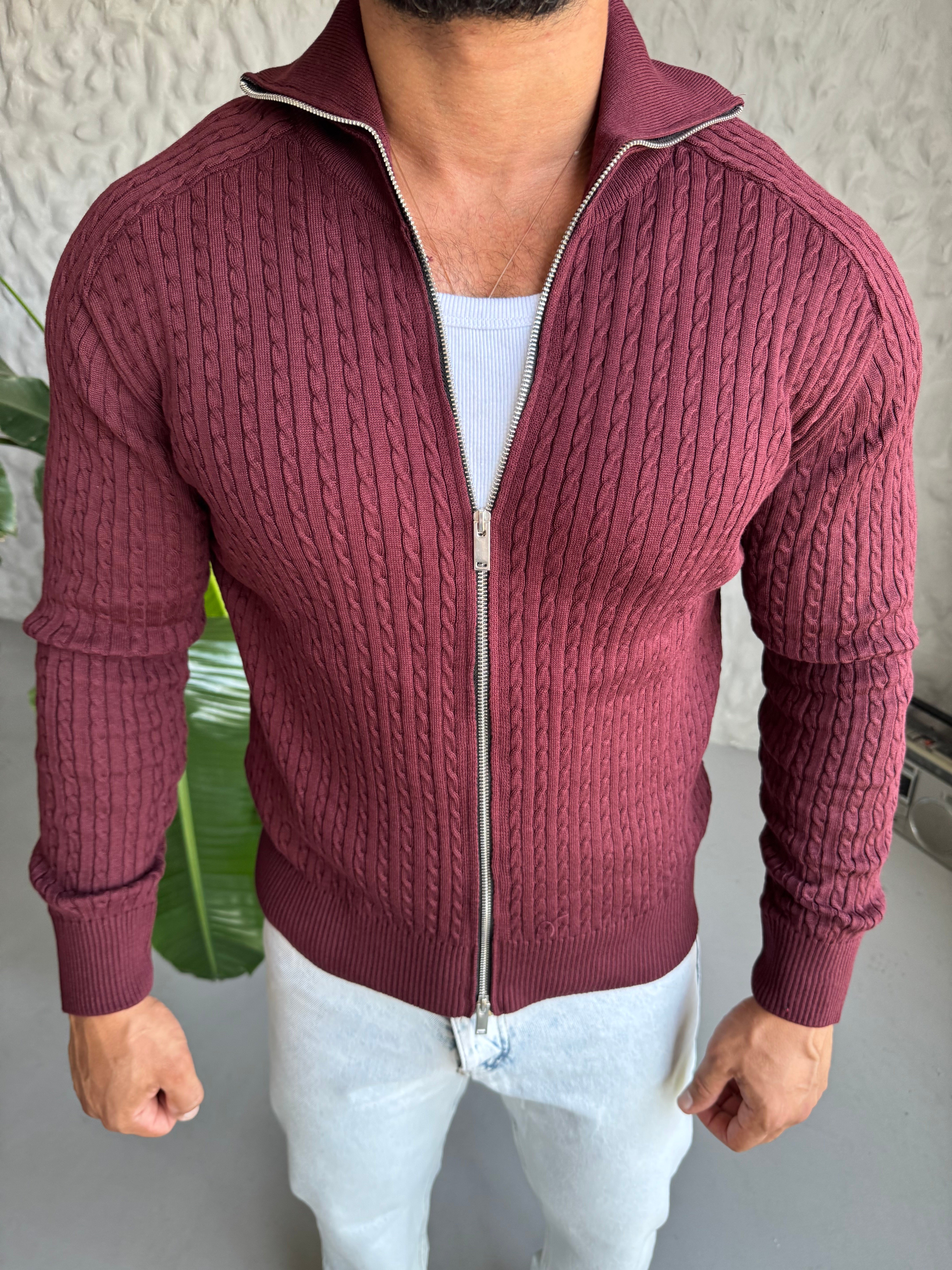 Bordo Örgü Detay Hırka Modeli