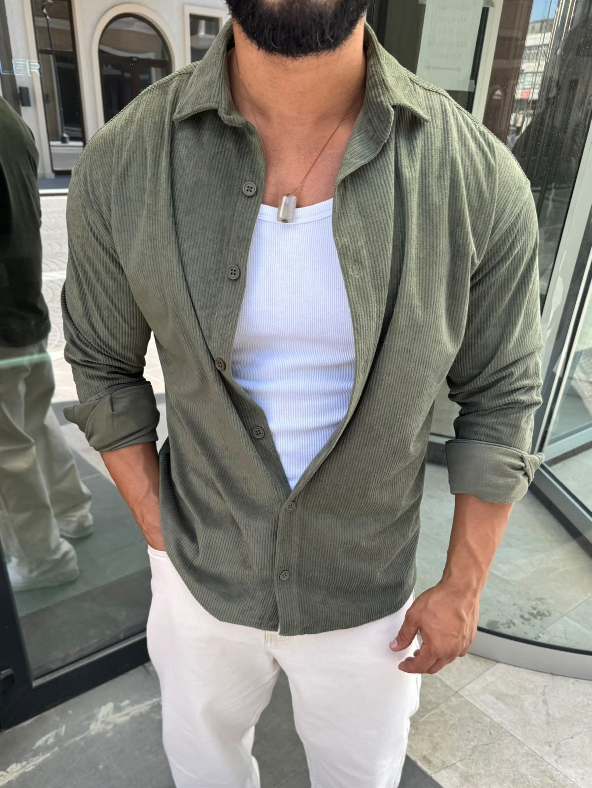 Haki Kadife Gömlek Modeli