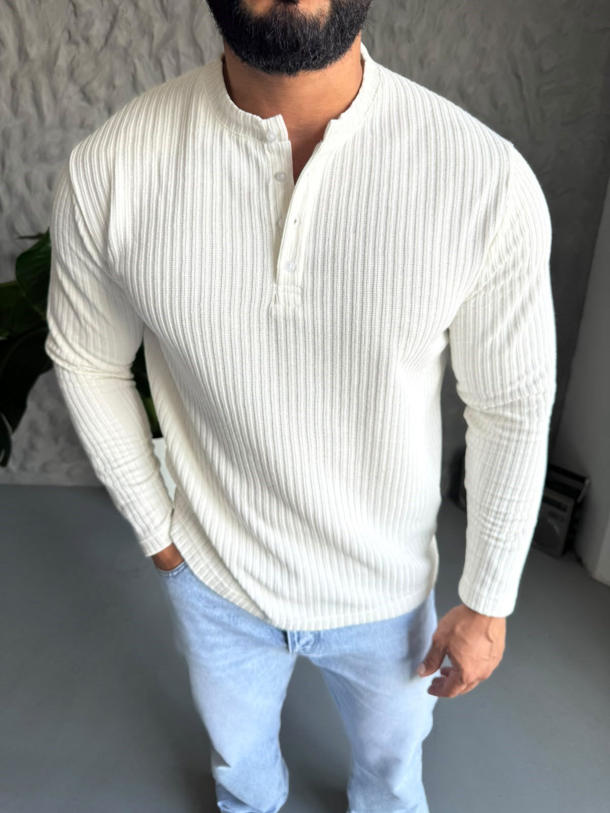 Helly Yaka Çizgi Detay Sweat Ekru