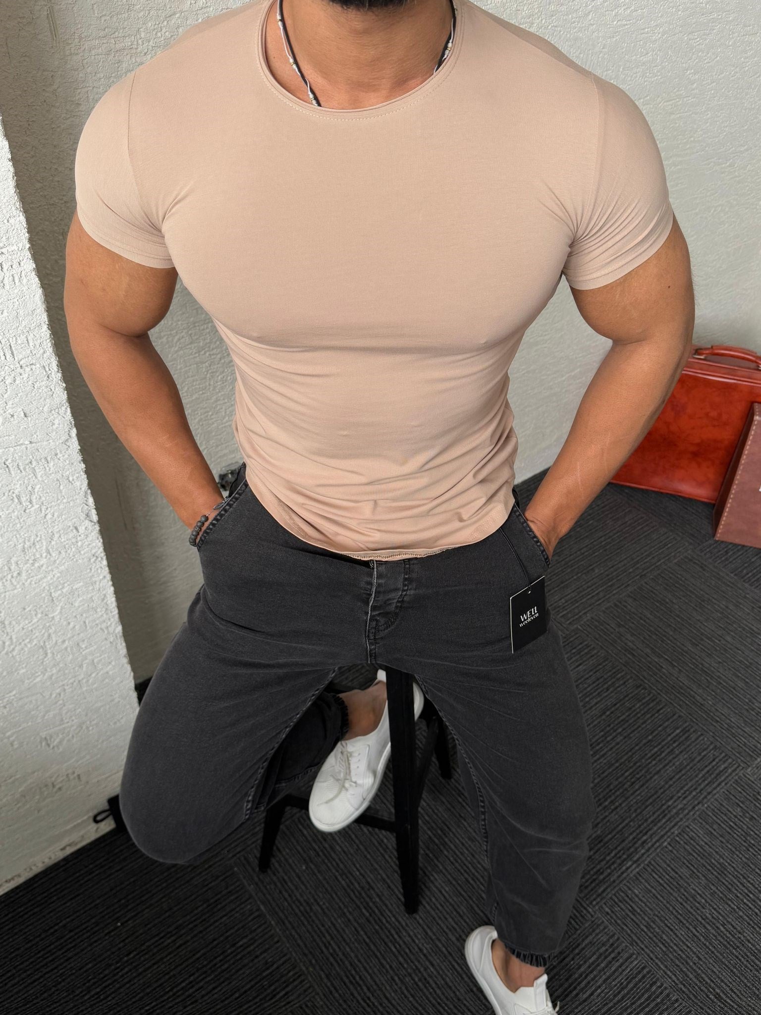 Krem Slim Fit Basic Tişört