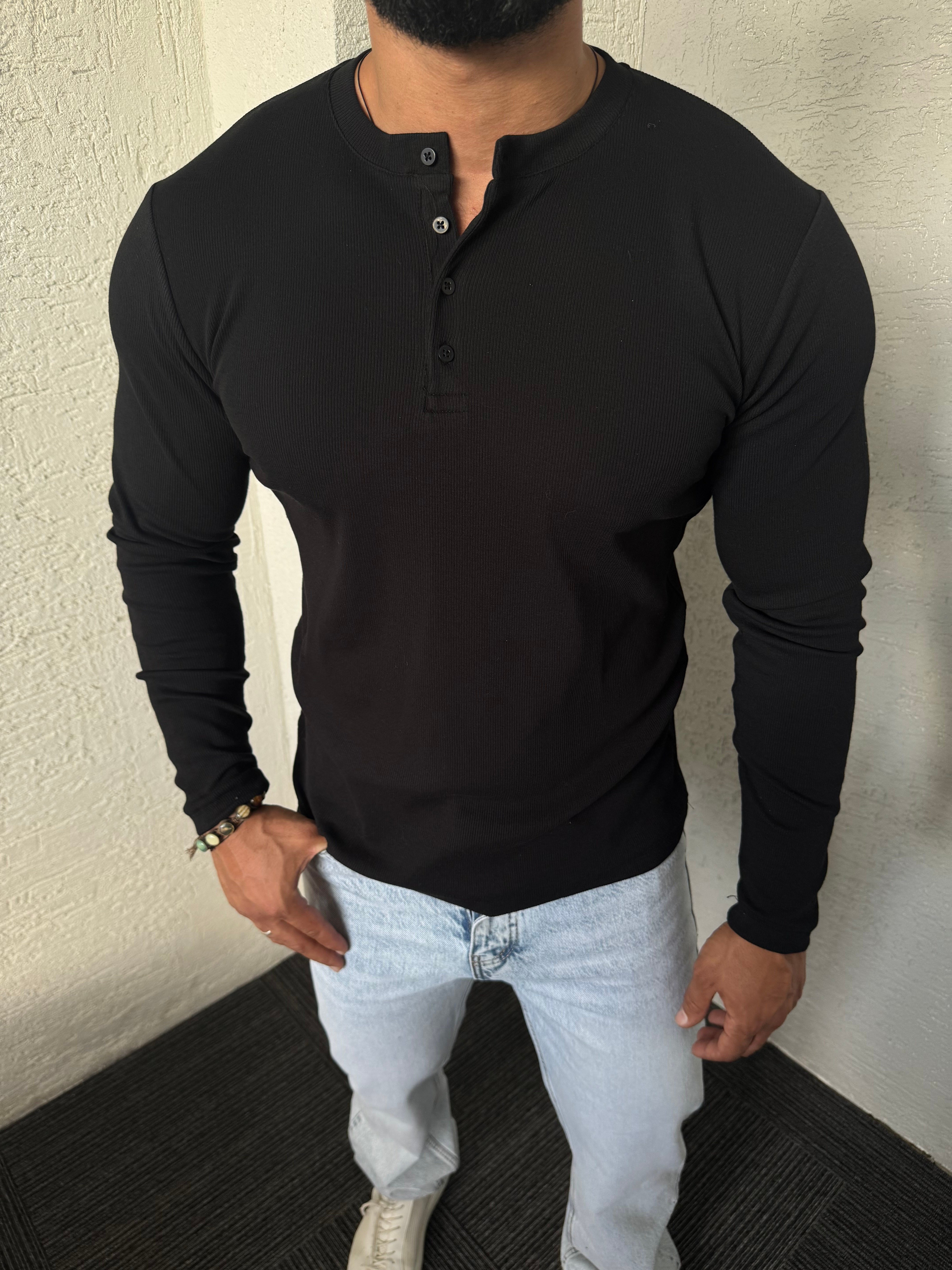 Siyah  Düğme Detay Pamuk Sweat