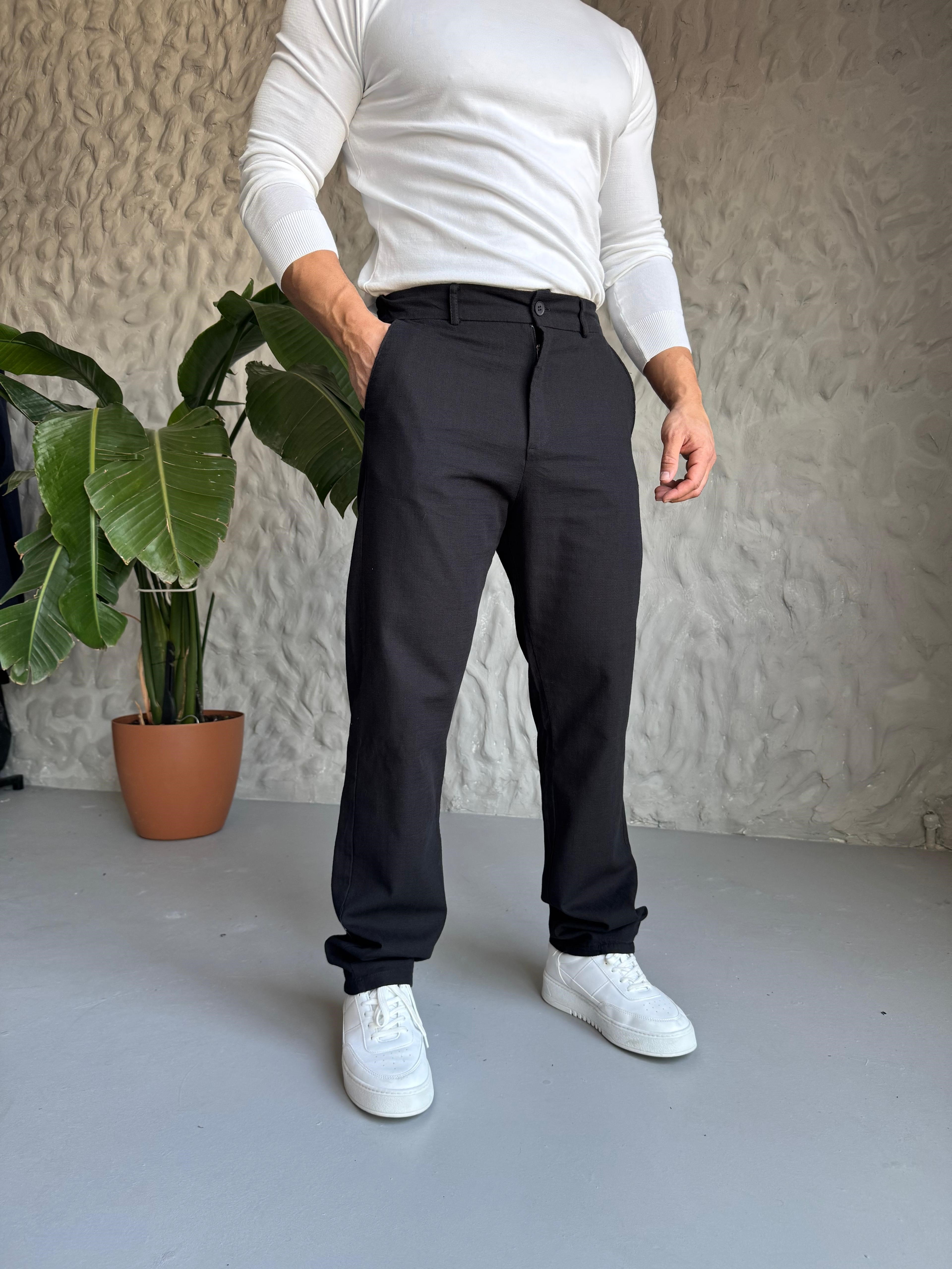 Siyah Keten Regular Pantolon