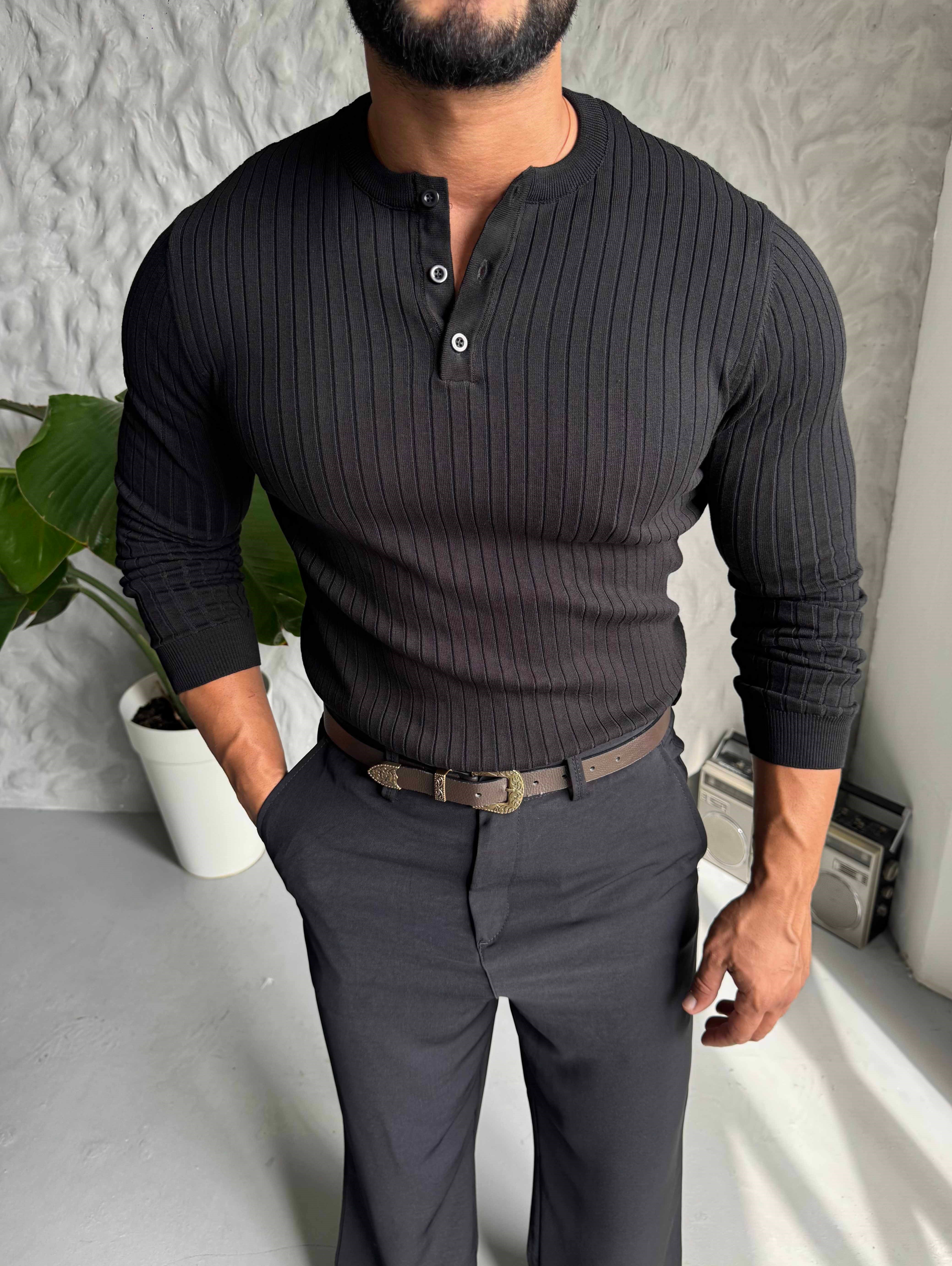 Siyah Premium Fitilli Hakim Yaka Triko