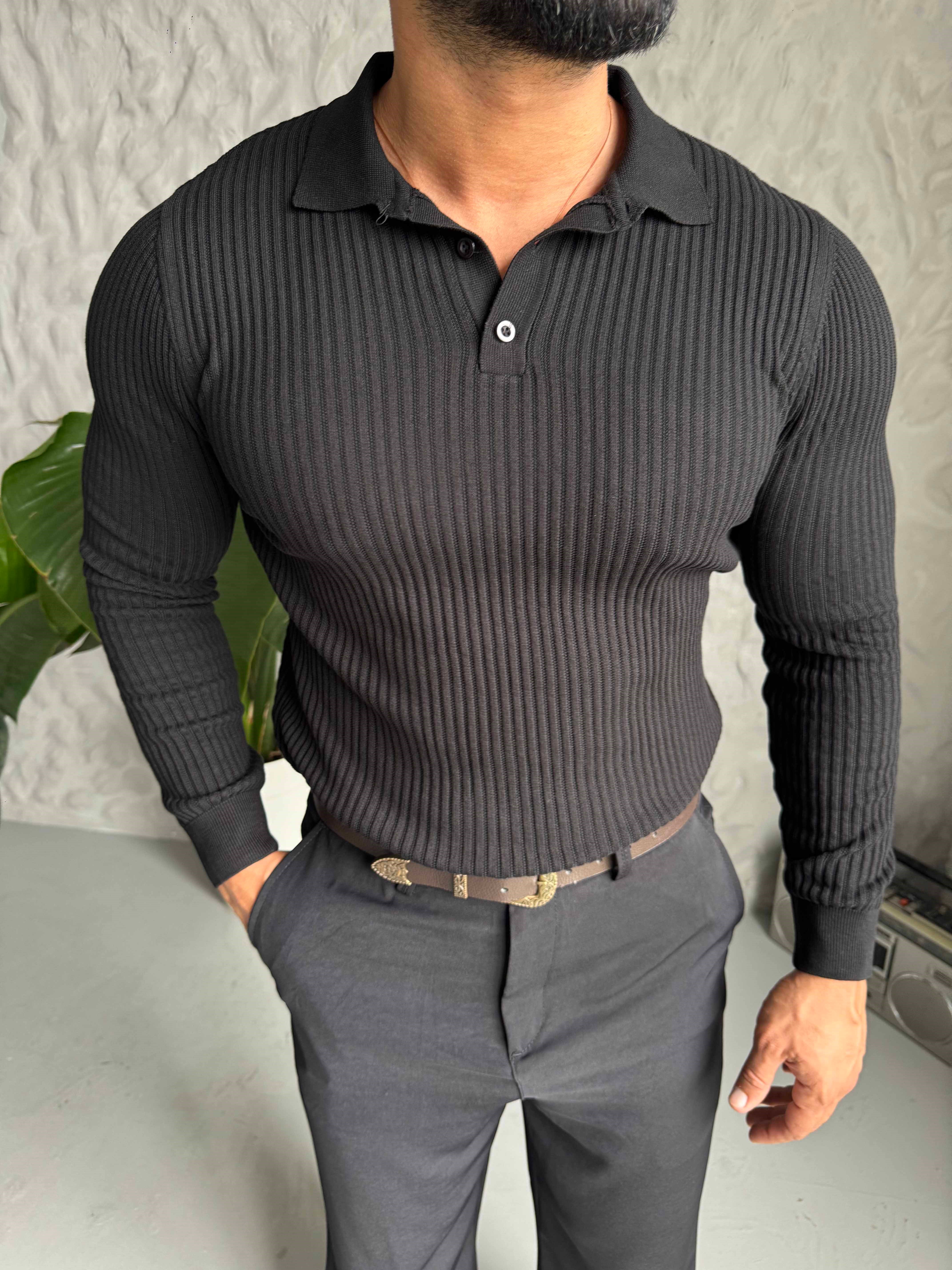 Siyah Premium Fitilli Polo Triko