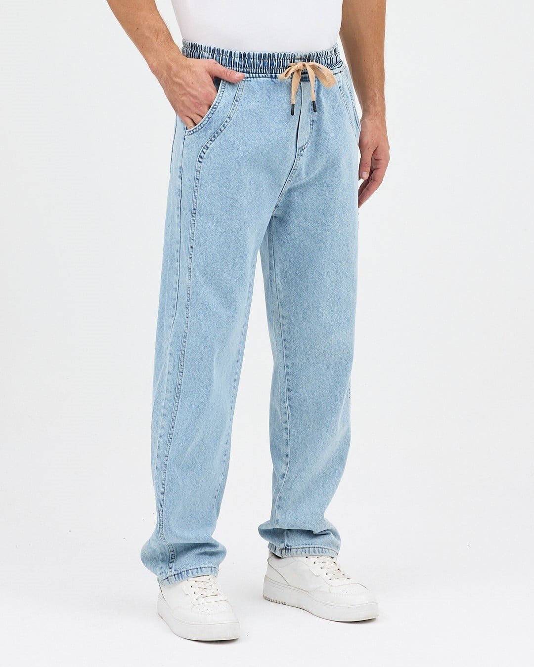BUZ MAVİSİ ERKEK PARÇALI DESEN YAN ETİKETLİ BAGGY KOT PANTOLON