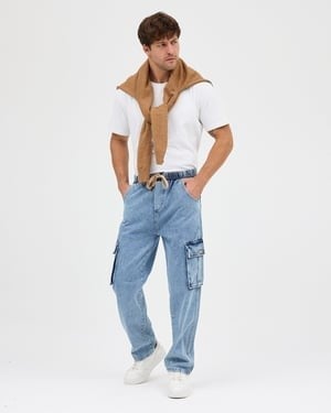 BUZ MAVİSİ GENİŞ CEPLİ KARGO JEAN PANTOLON
