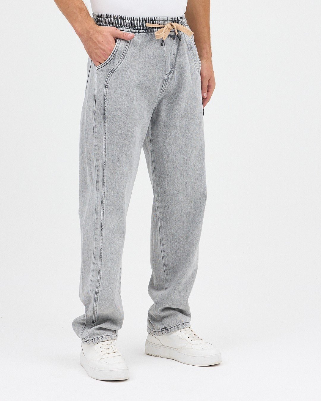 GRİ ERKEK PARÇALI DESEN YAN ETİKETLİ BAGGY KOT PANTOLON