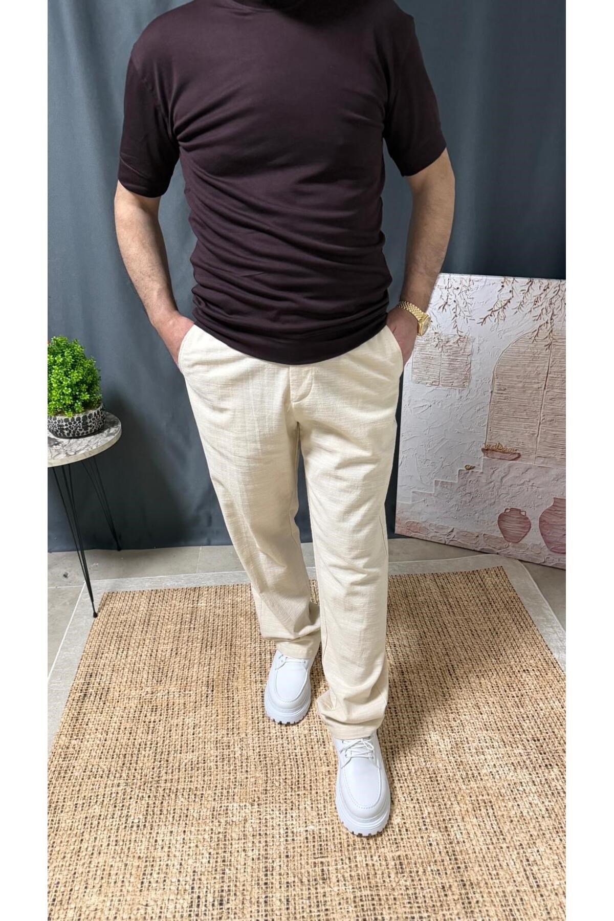 LİCRALI BELİ LASTİKLİ KETEN BAGGY PANTOLON (6700)