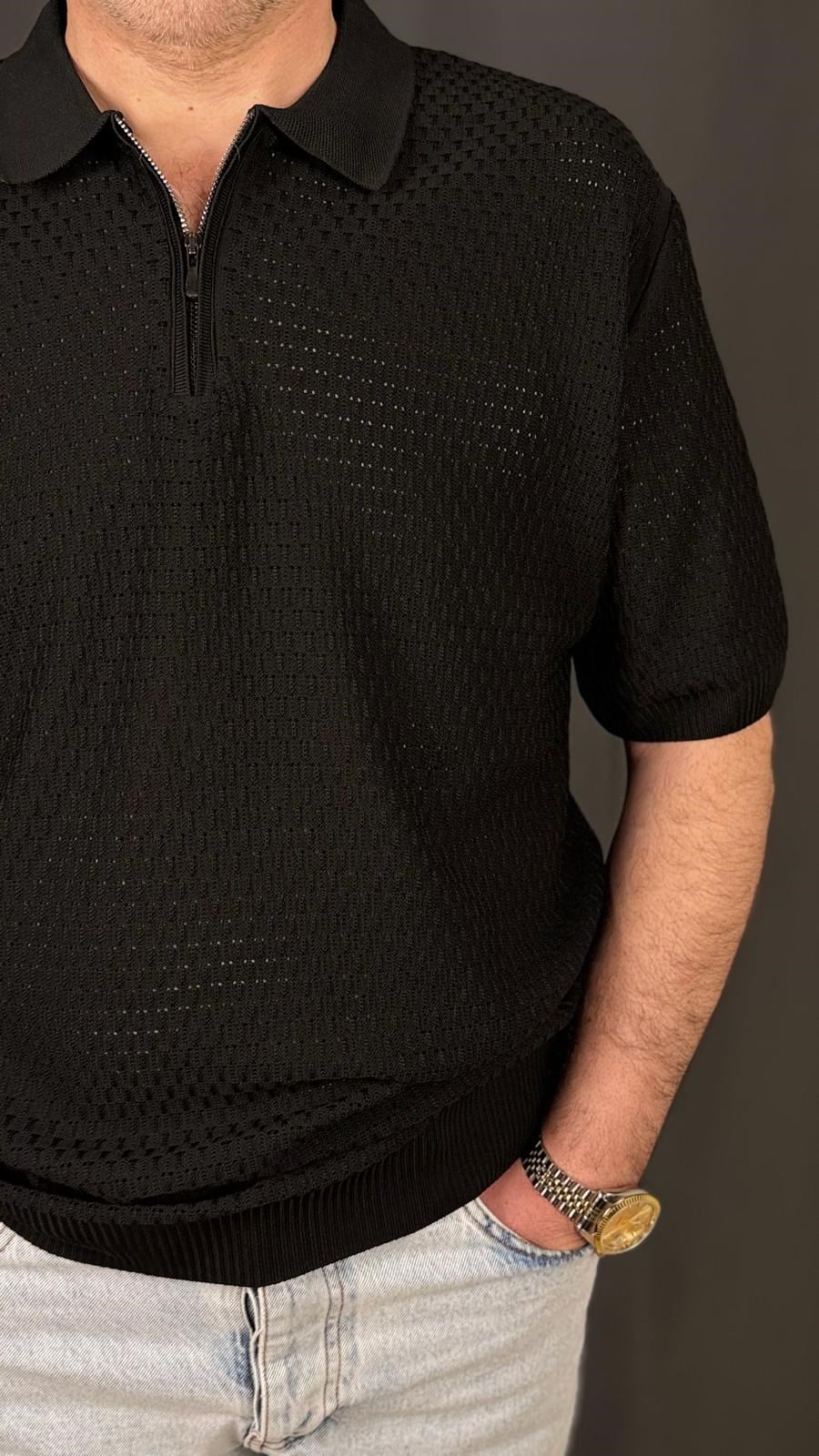 POLO , FERMUARLI YAKA , FİT KESİM ,TİŞÖRT (Siyah)