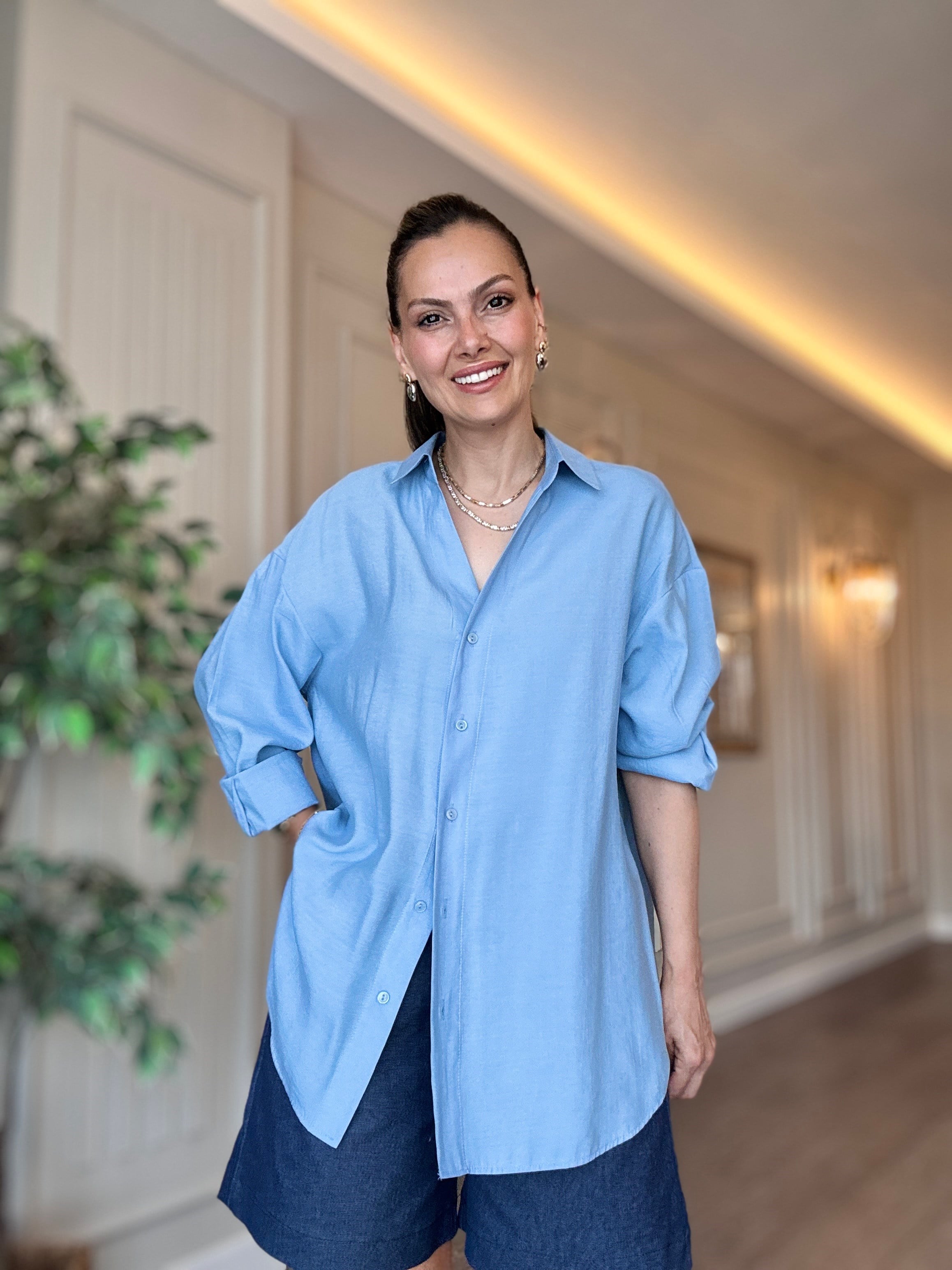 Mavi Tensel Oversize Kadın Gömlek
