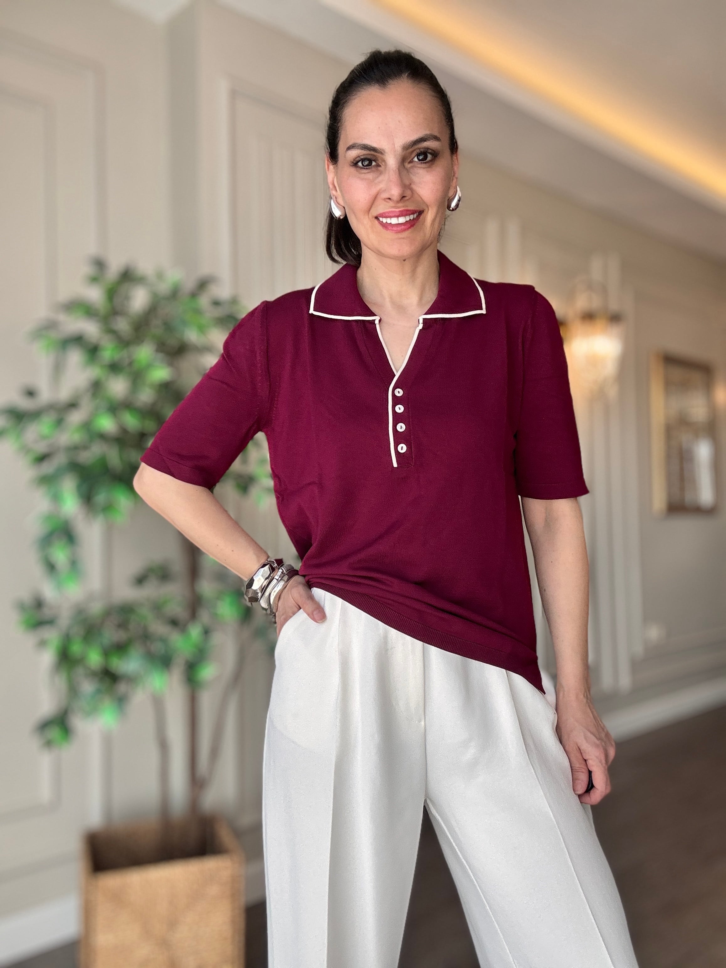 Polo Yaka Merserize Triko Bluz Bordo – Yazlık İnce Dokulu Kadın Üst