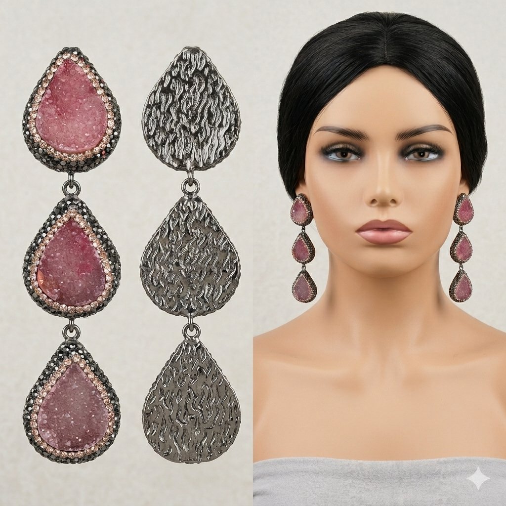 925 ayar gümüş pembe kalsedon taşlı ve siyah rodaj kaplama 3lü küpe