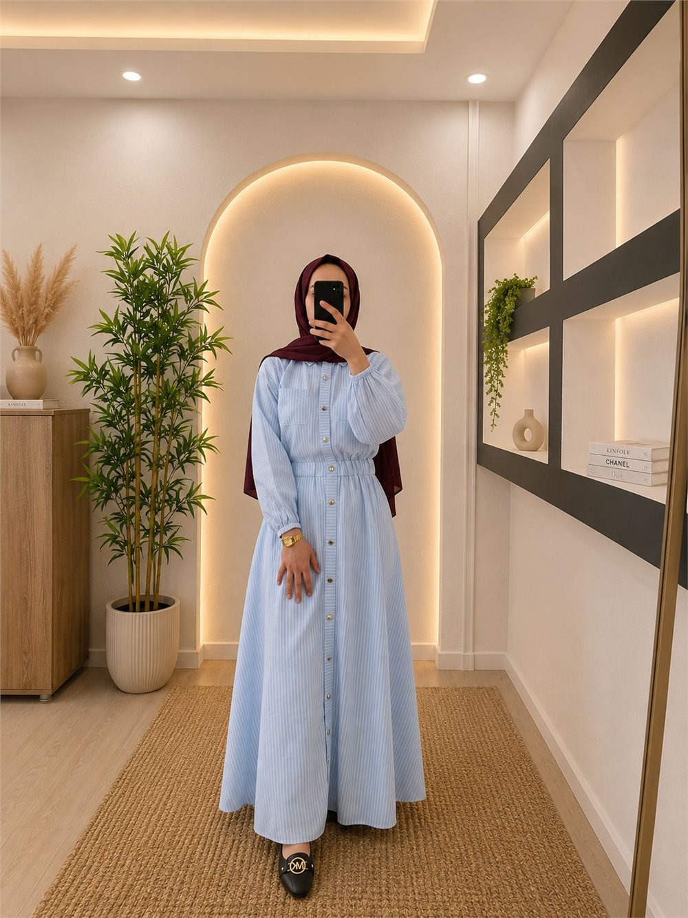 Gabardin Kumaş Beli Lastikli Önden Düğmeli-Mavi