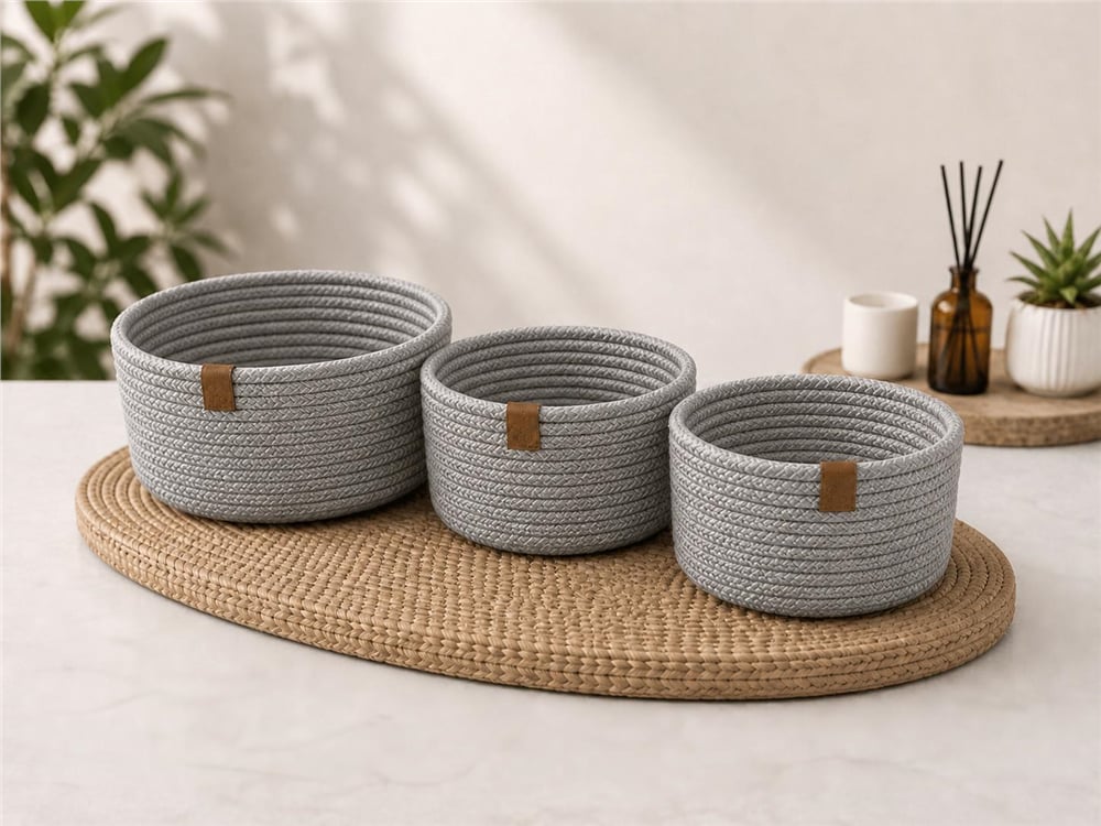 Hasır Sepet 3 Lü Set-Gri