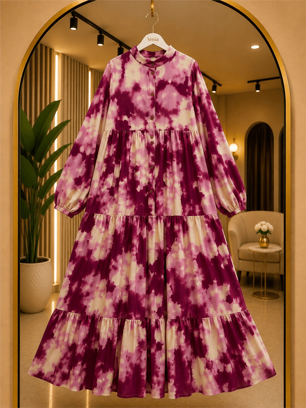Modal Kumaş Batik Desenli Fırfırlı Elbise - Mürdüm 2001