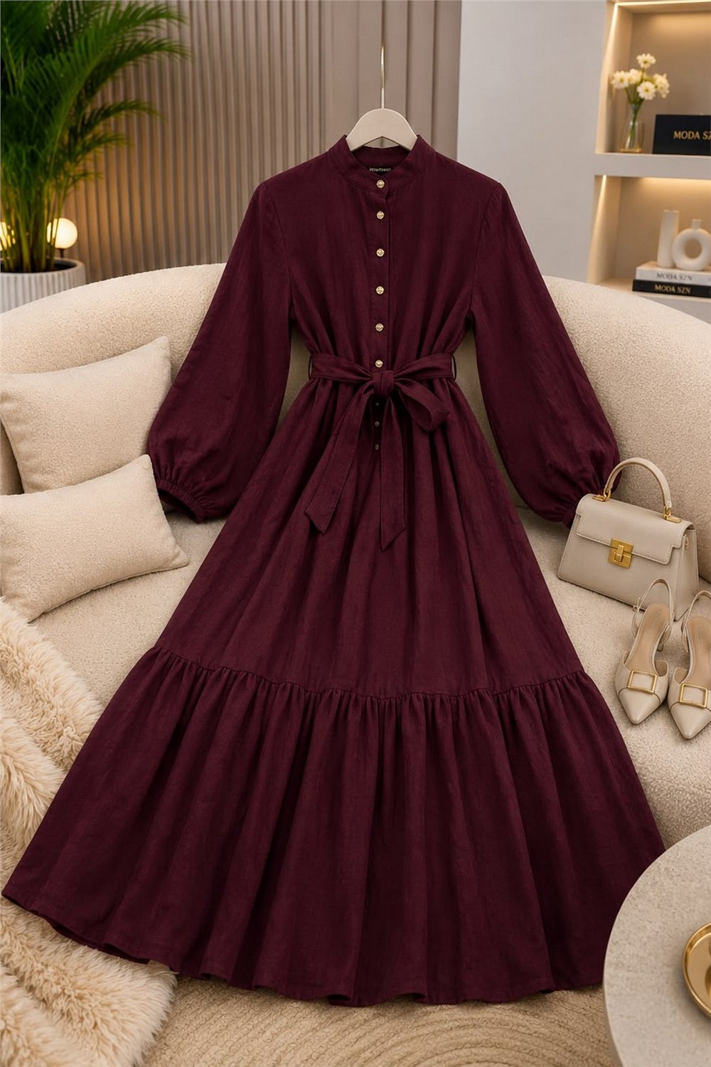 Muslin Elbise-Bordo