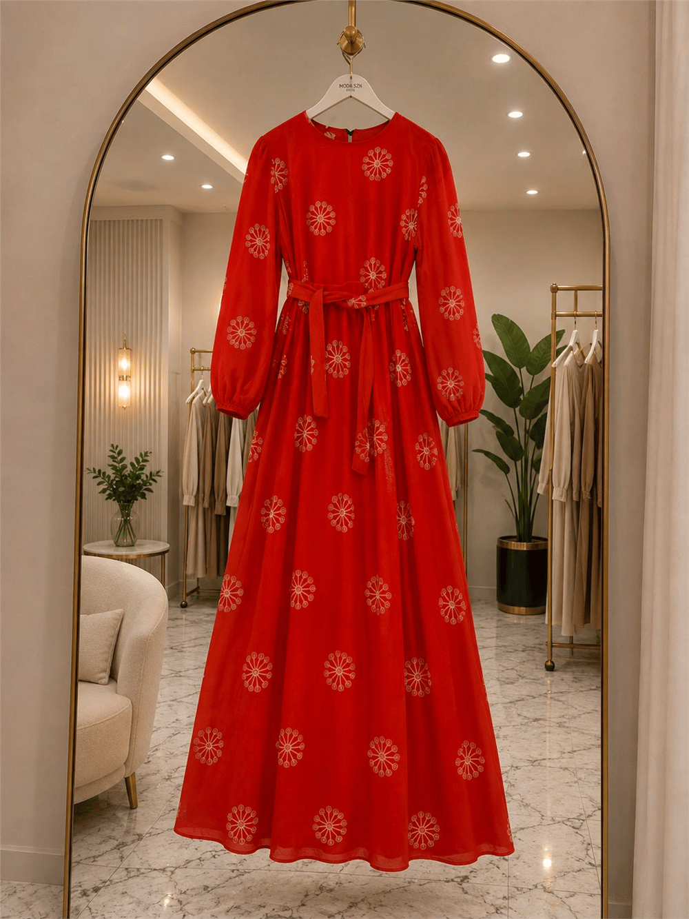 Muslin Kumaş Çiçek Desenli Kuşaklı Elbise - Camel 2067