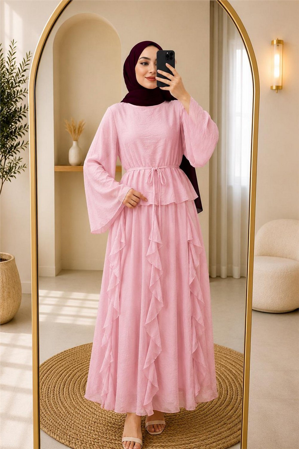 Takım Etek Fırfırlı Kumaş Lilium-Pembe