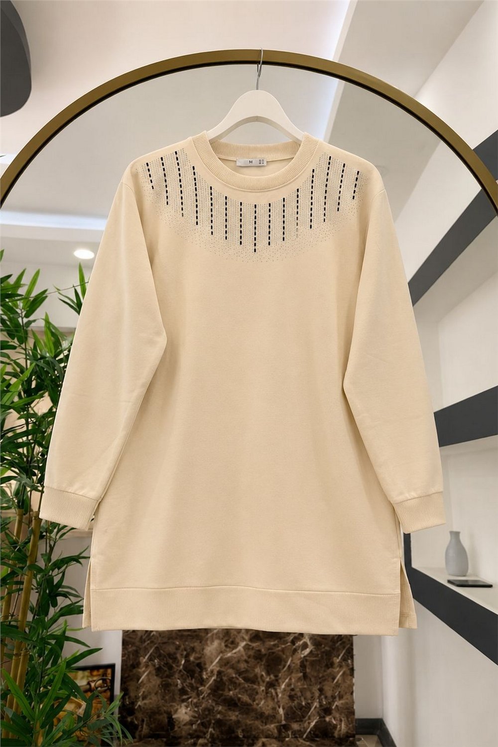 Taşlı Tunik Kumaş Vortex-Krem