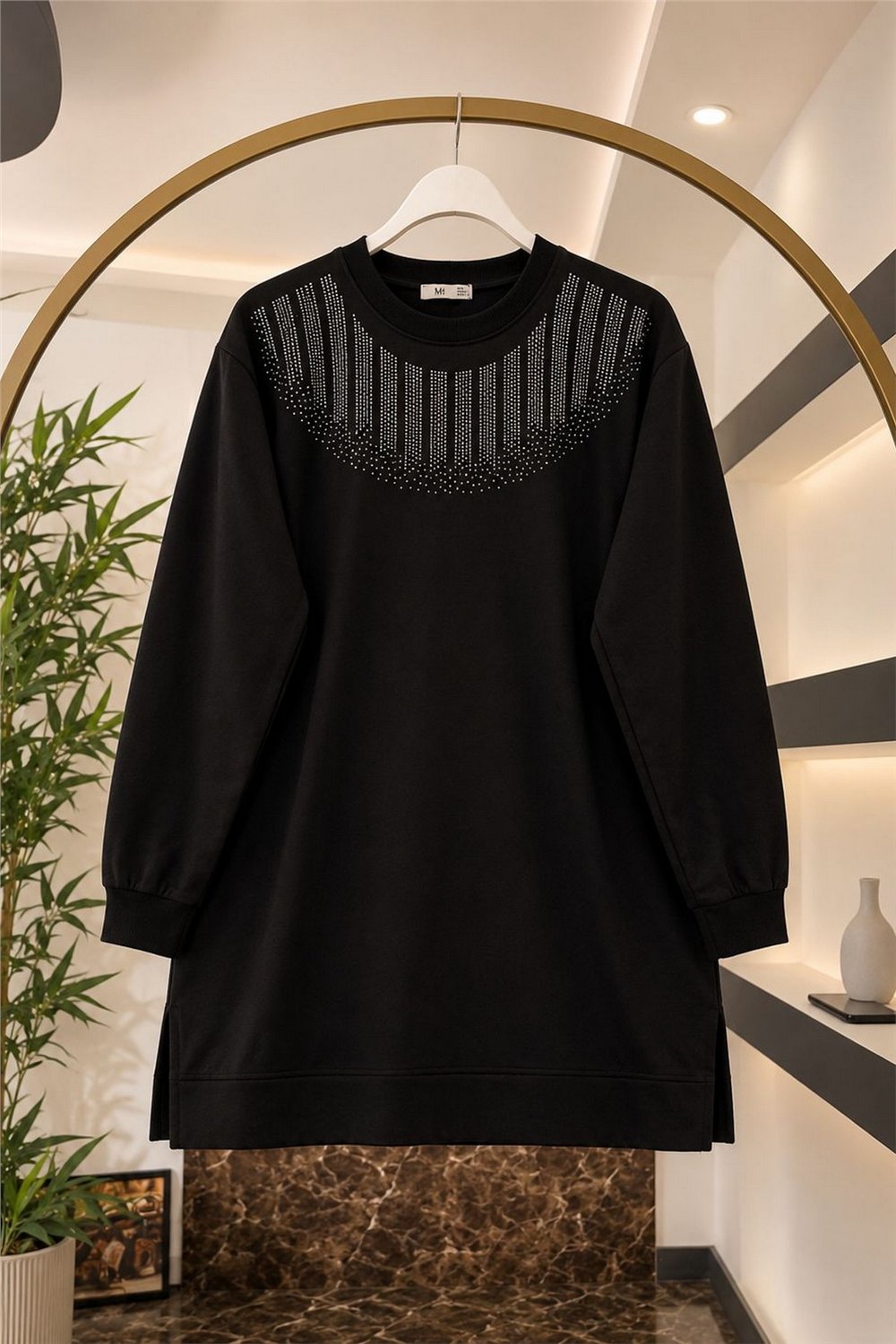 Taşlı Tunik Kumaş Vortex-Siyah