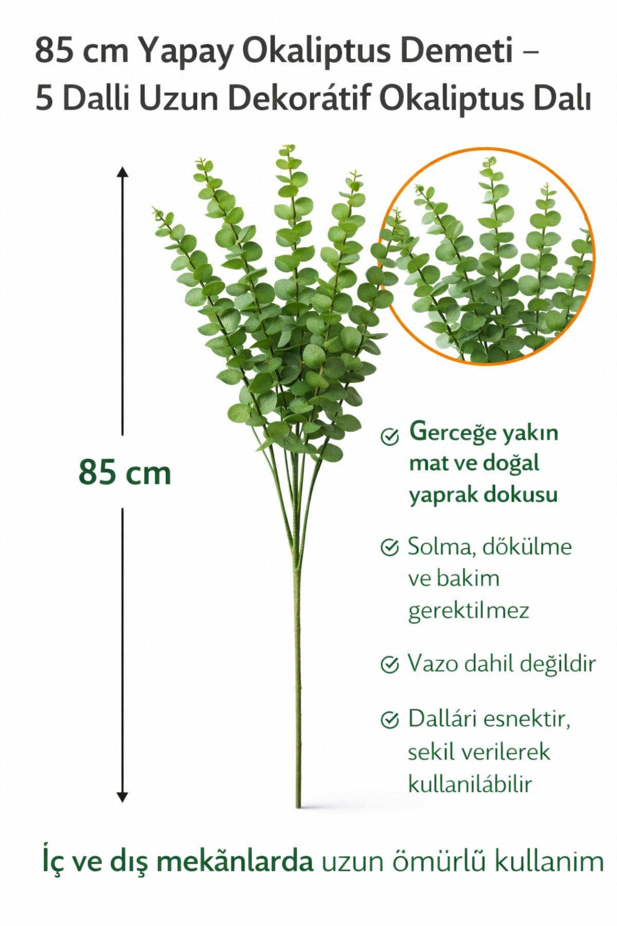 85 cm Yapay Yeşil Okaliptus Demeti – 5 Dallı Uzun Dekoratif Okaliptus Dalı