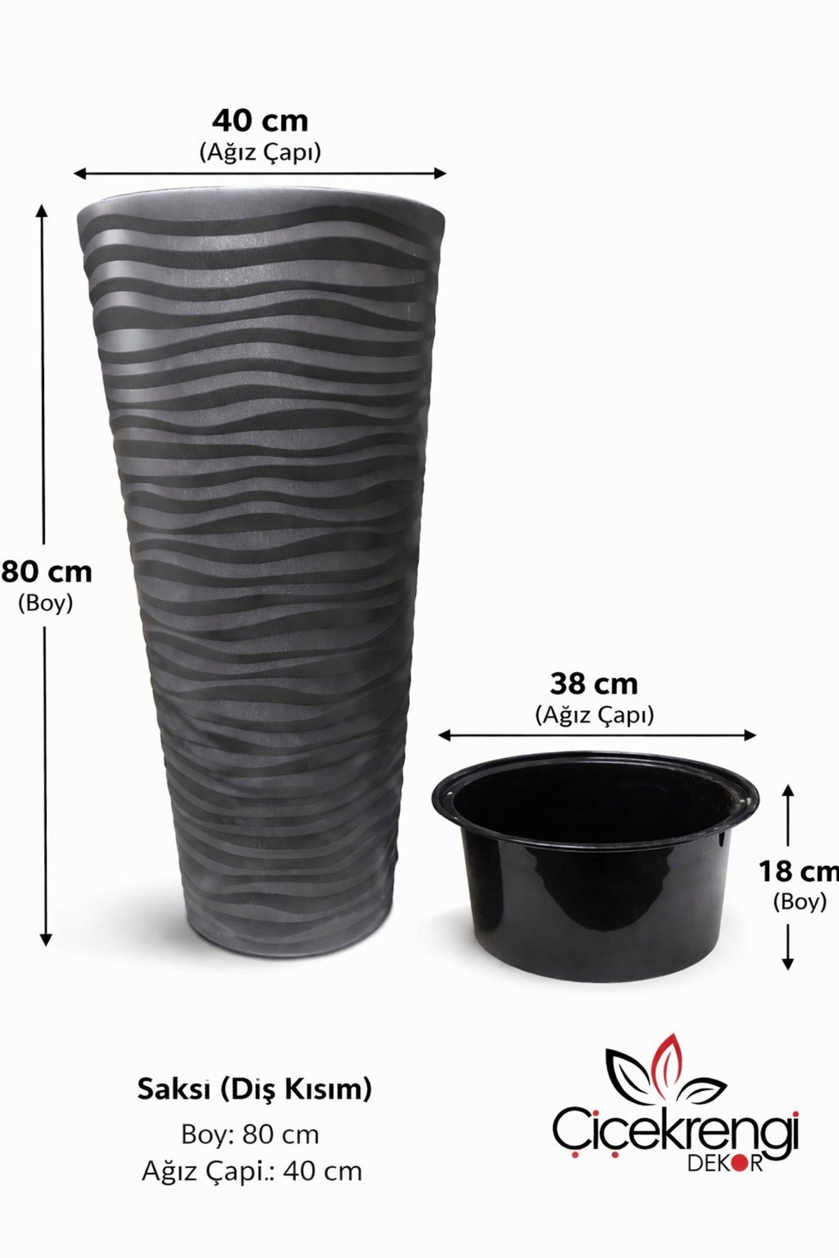 Kumsal Yer Vazosu Saksı Antrasit 80 cm 18.7 Litre İç Hazneli Büyük Boy Dekoratif Saksı