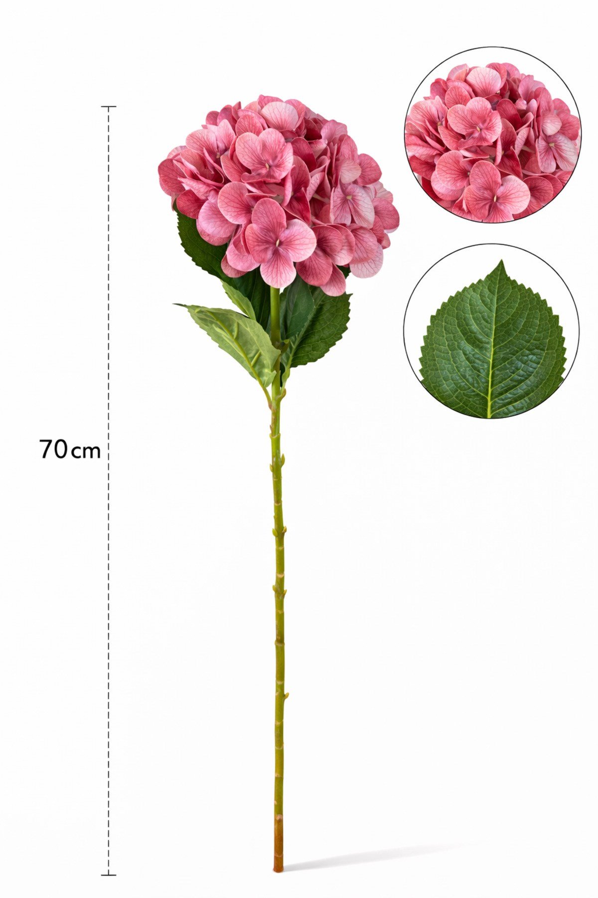 Premium 70 cm Yapay Ortanca Çiçek Dalı Pembe – Gerçekçi Görünümlü Dekoratif Ortanca Çiçeği