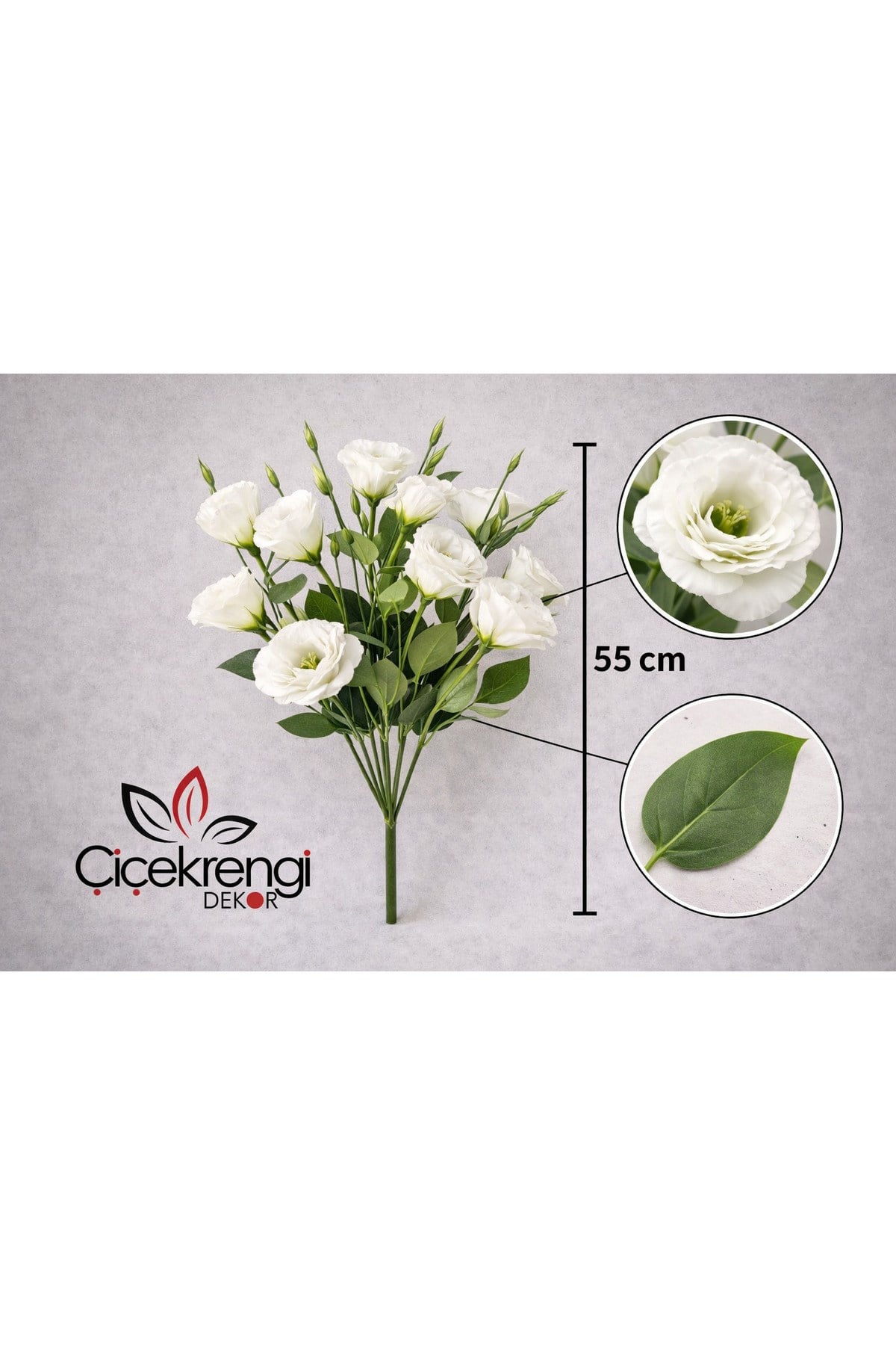 Premium Beyaz Lisyantus Yapay Çiçek Demeti 55 cm | Gerçek Görünümlü Dekoratif Bir Demet Çiçek