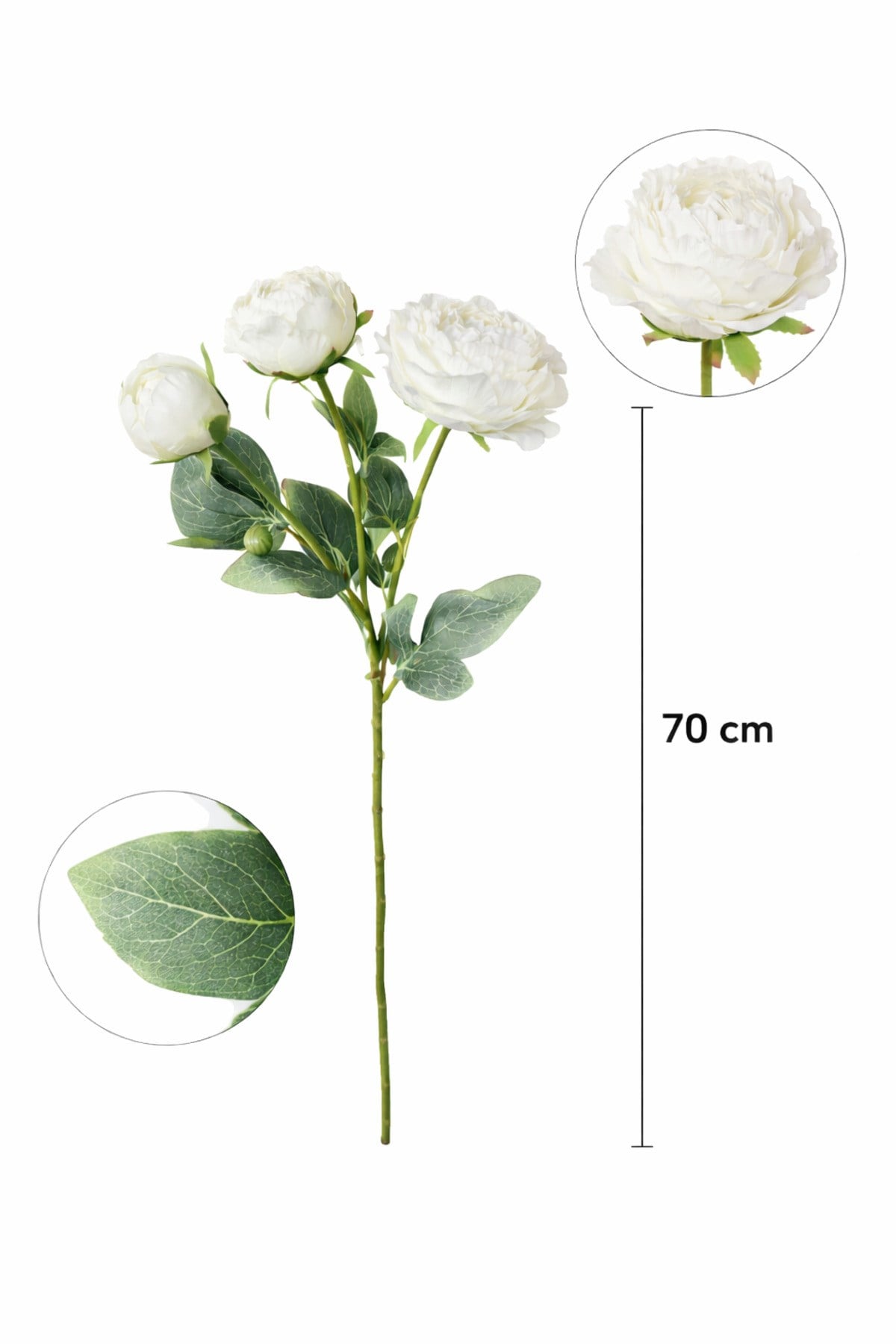 Premium Beyaz Şakayık Yapay Çiçek 70 cm – 3 Çiçekli Dekoratif Dal Şakayık,