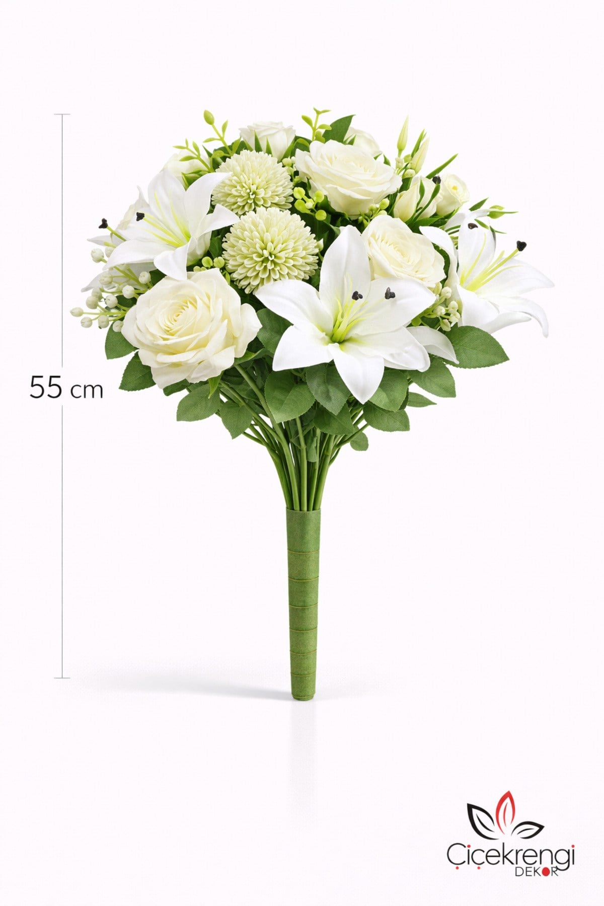 Premium Beyaz Zambak & Gül Yapay Çiçek Buketi 55 cm | Gerçekçi Görünüm Deko
