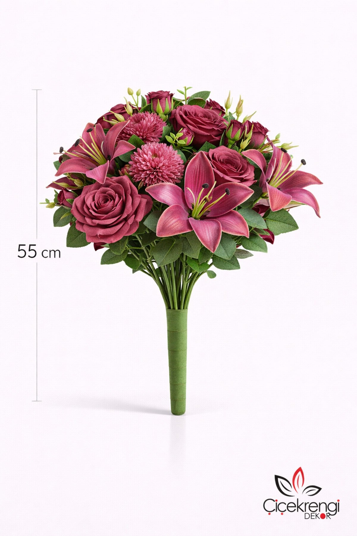 Premium Bordo Lilyum & Gül Yapay Çiçek Buketi 55 cm – Gerçek Görünümlü Şık Dekoratif Çiçek Aranjmanı