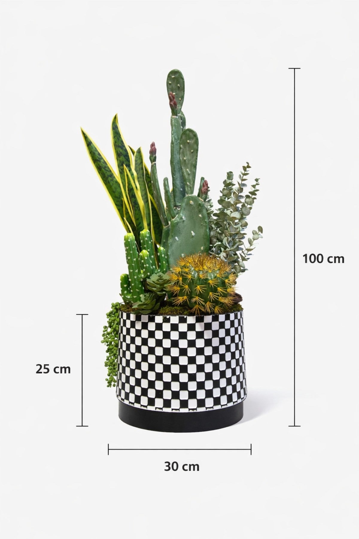 Premium Dekoratif Yapay Kaktüs Aranjmanı – 100 cm Büyük Boy Kaktüs Saksı Modern Kareli Metal Saksı