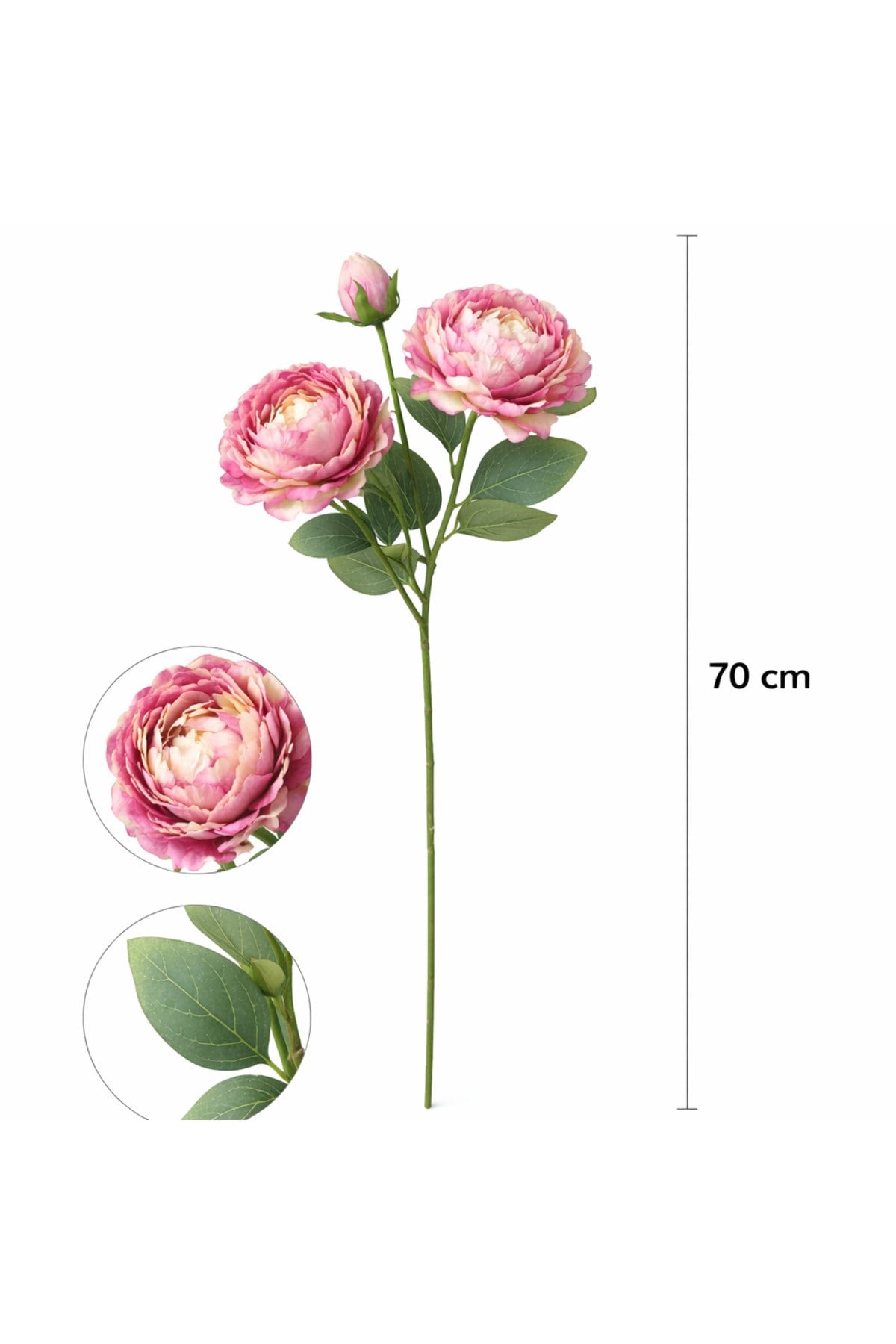 Premium Pembe Şakayık Yapay Çiçek 70 cm – 2 Çiçekli 1 Tomurcuklu Dekoratif Dal,