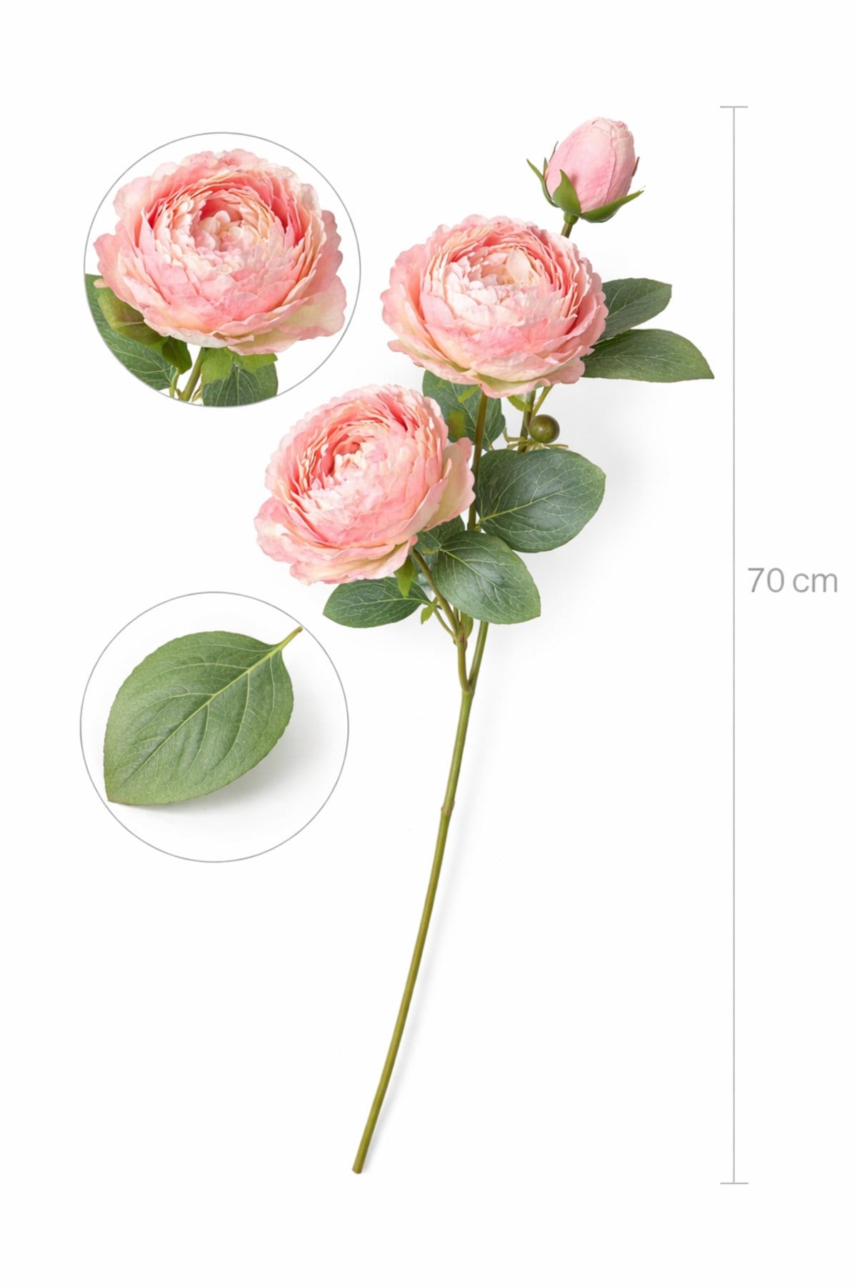 Premium Pudra Pembe Şakayık Yapay Çiçek 70 cm – 3 Çiçekli 1 Tomurcuklu Dekoratif Dal,