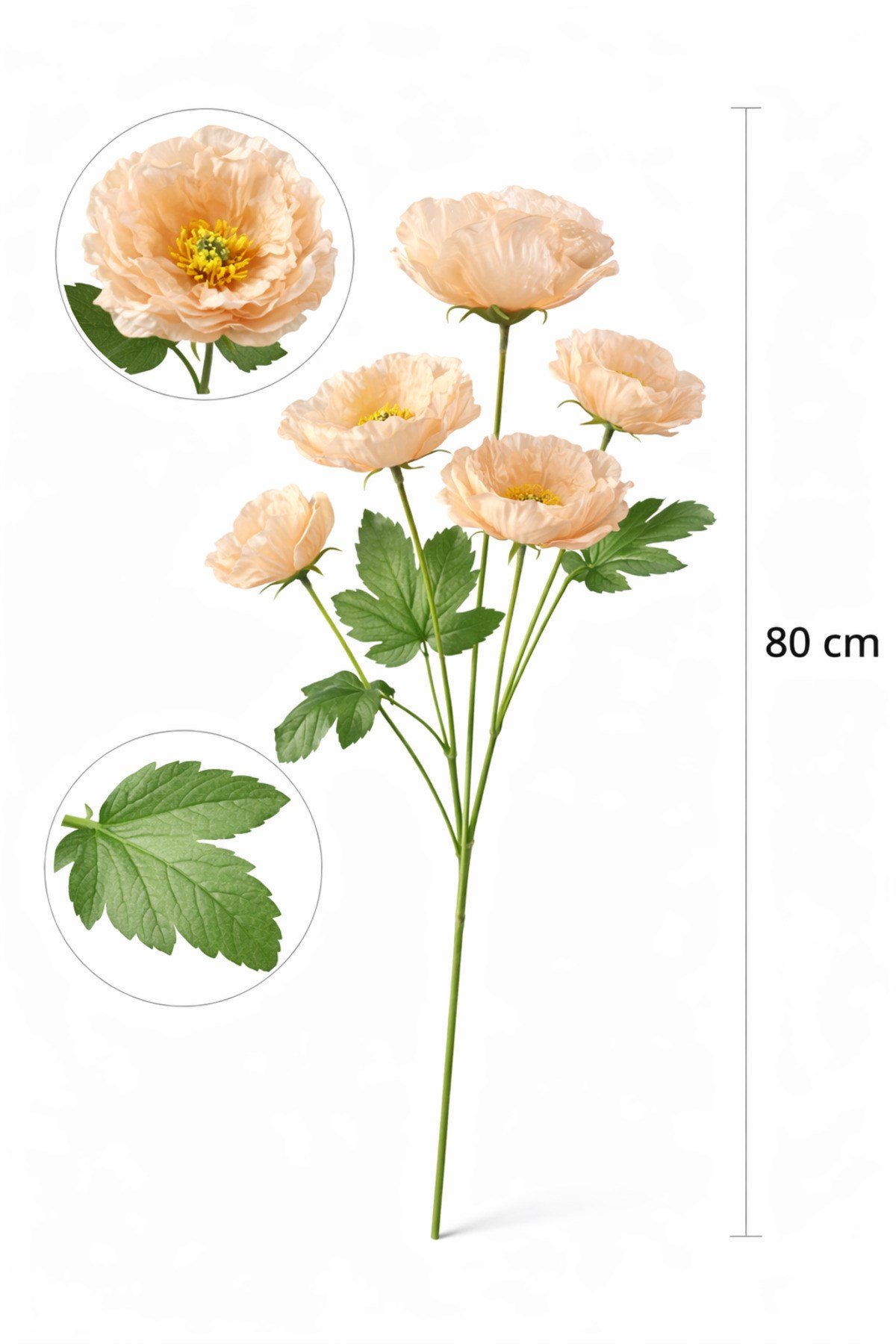 Premium Şeftali Rengi Yapay Gelincik Dalı 80 cm – 5 Çiçekli Gerçekçi Dekoratif Yapay Gelincik |