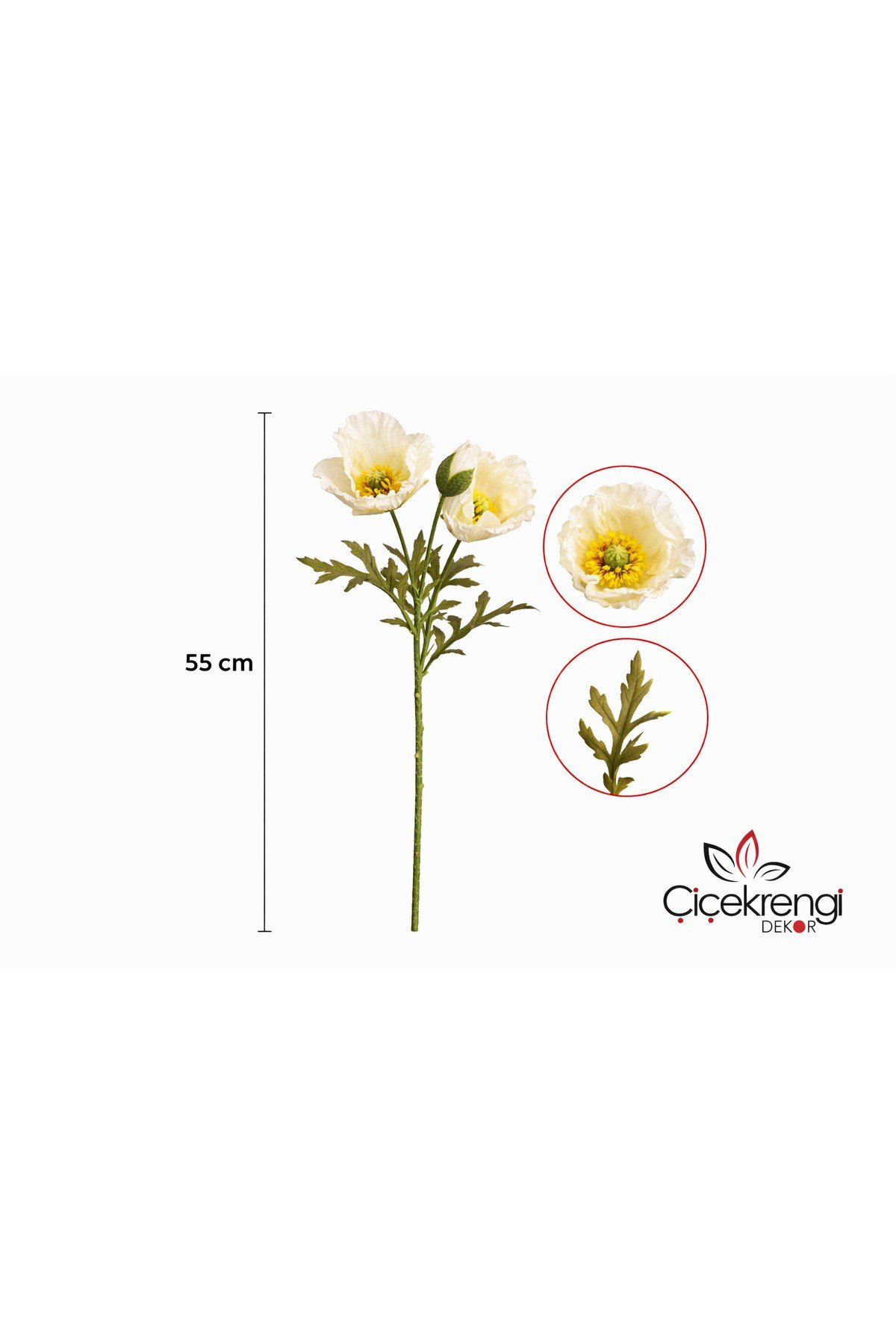 Premium Yapay Beyaz Gelincik Tek Dal 55 cm – Gerçekçi Dekoratif Çiçek