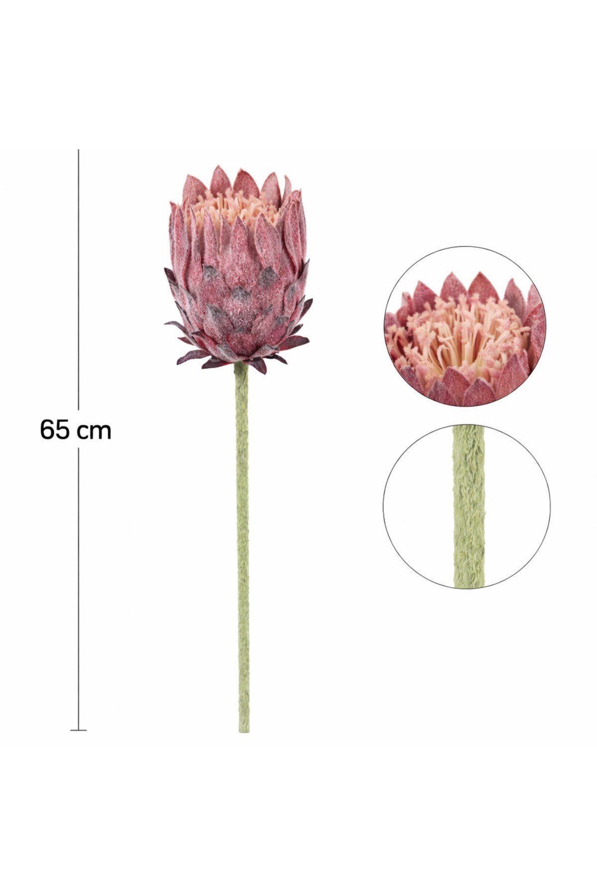 Premium Yapay Protea Çiçek Pembe 65 cm Dekoratif Tek Dal Protea Çiçeği