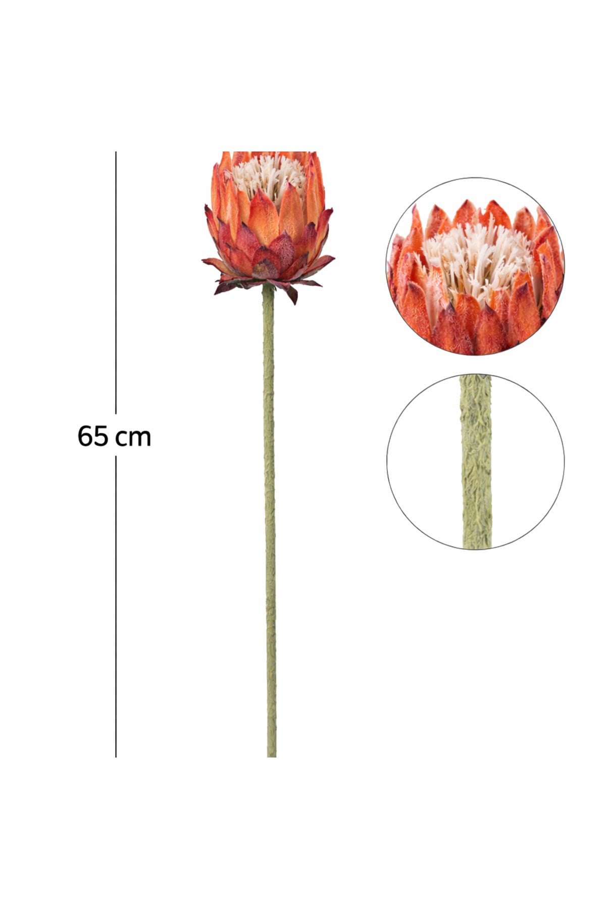 Premium Yapay Protea Çiçek Turuncu 65 cm Dekoratif Tek Dal Büyük Protea Çiçeği