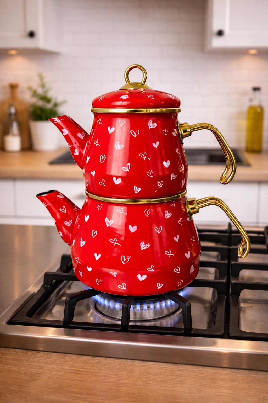 Emaye Çaydanlık Takımı Çelik Saplı  2,5 L Alt Suluk 1,25 L Üst Demlik Kalpli Desen, 
