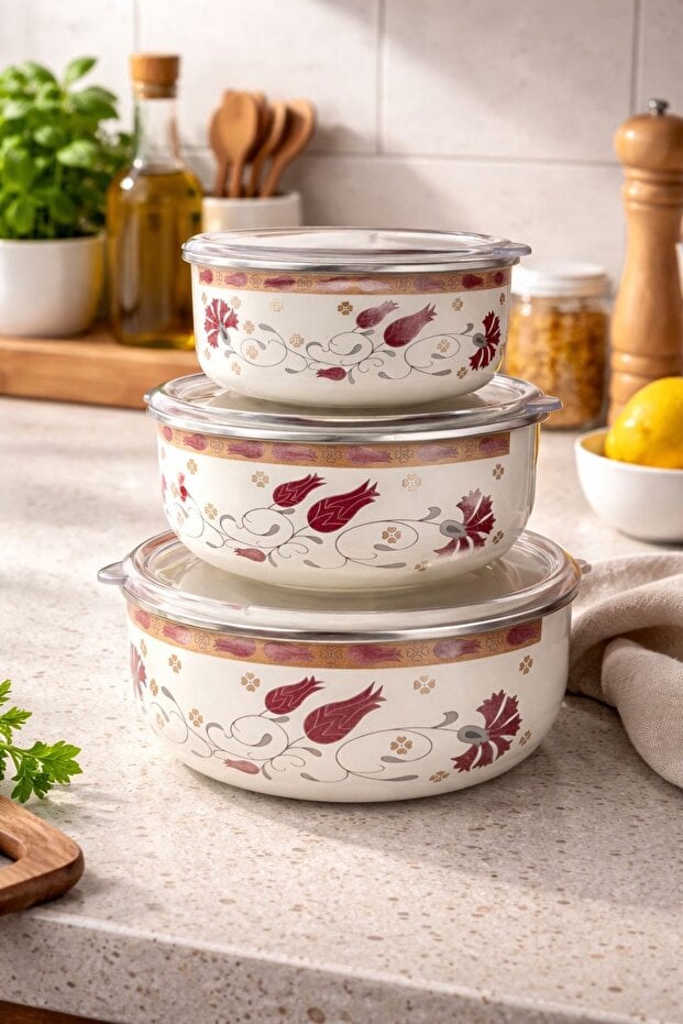 Emaye Saklama Kabı 3 Lü Set  –  Desenli 