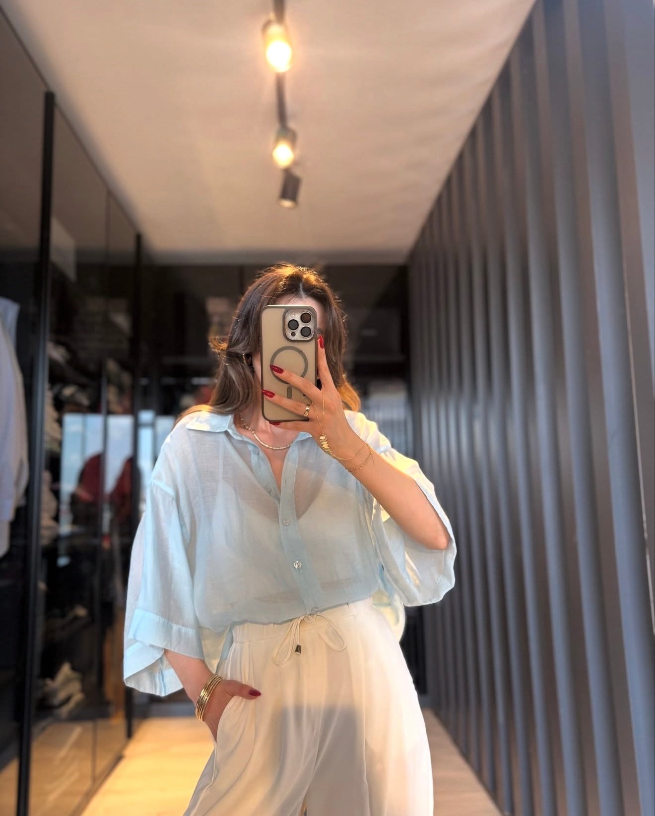 Açık Mavi İpeksi Oversize Gömlek