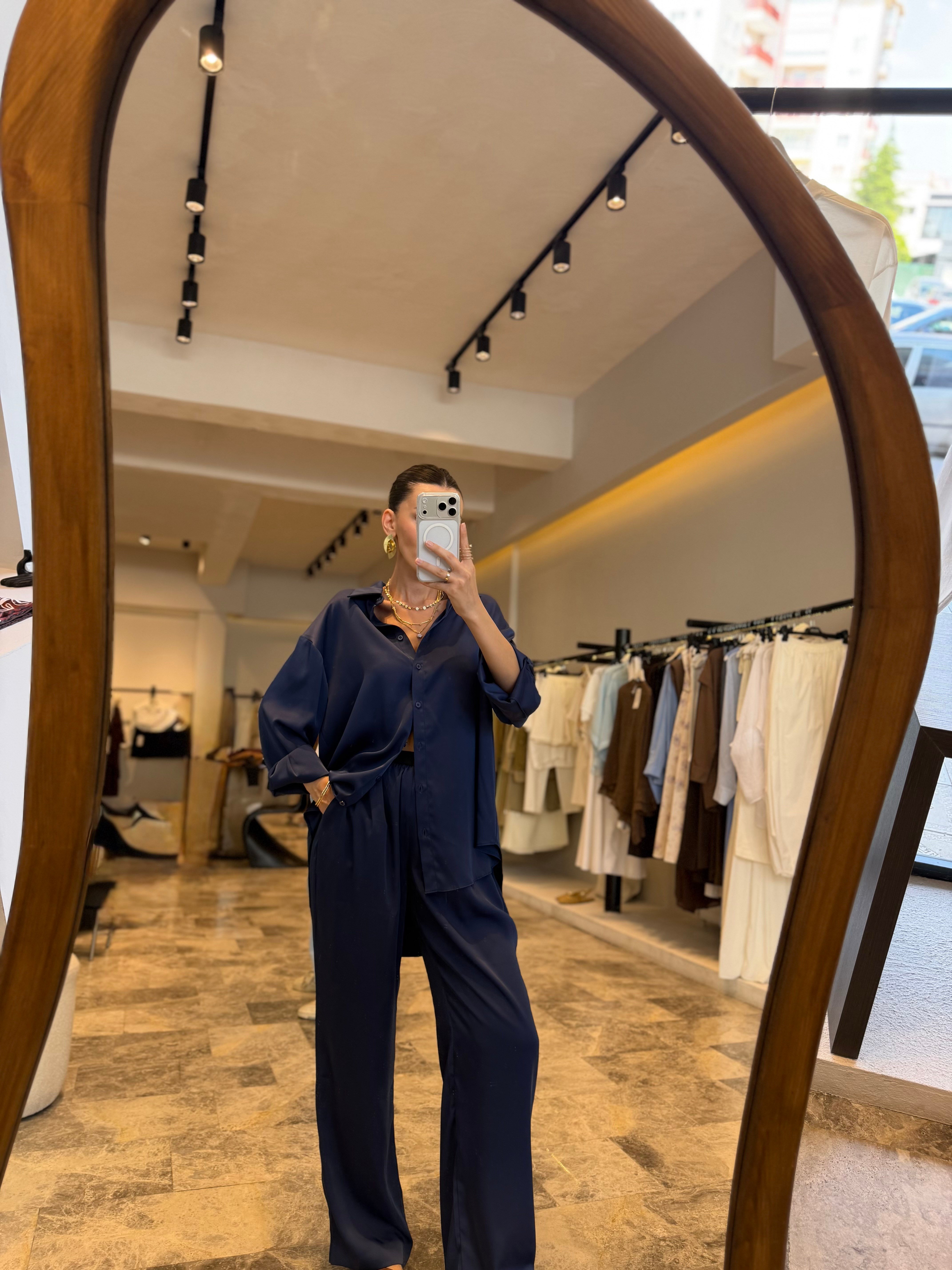 Lacivert Oversize Saten Gömlek Pantolon Takım 