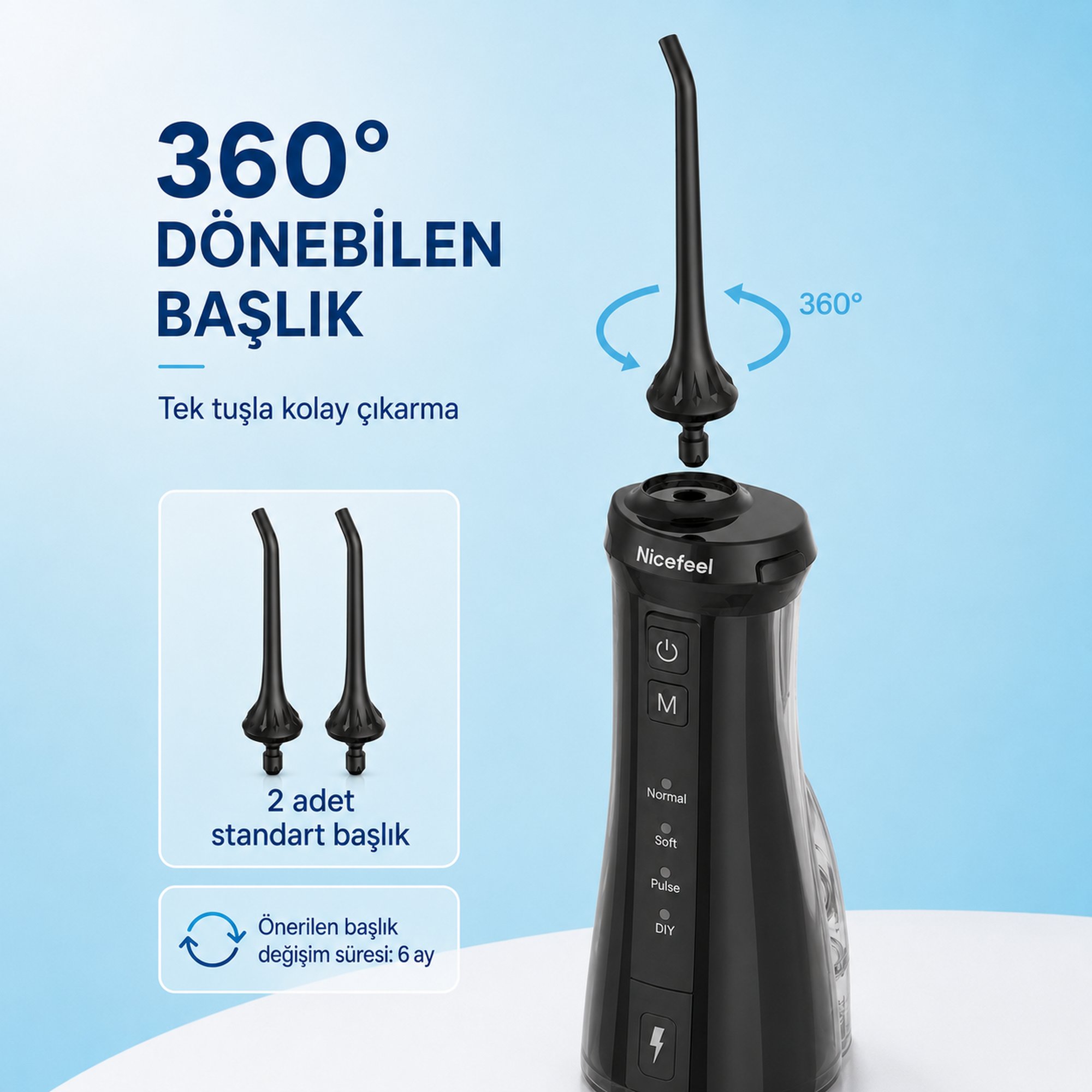  NPO Nicefeel FC5610 Şarjlı Taşınabilir Ağız Duşu 4 Modlu 280 ml IPX7 Diş Teli ve Protez Bakımı Siyah  