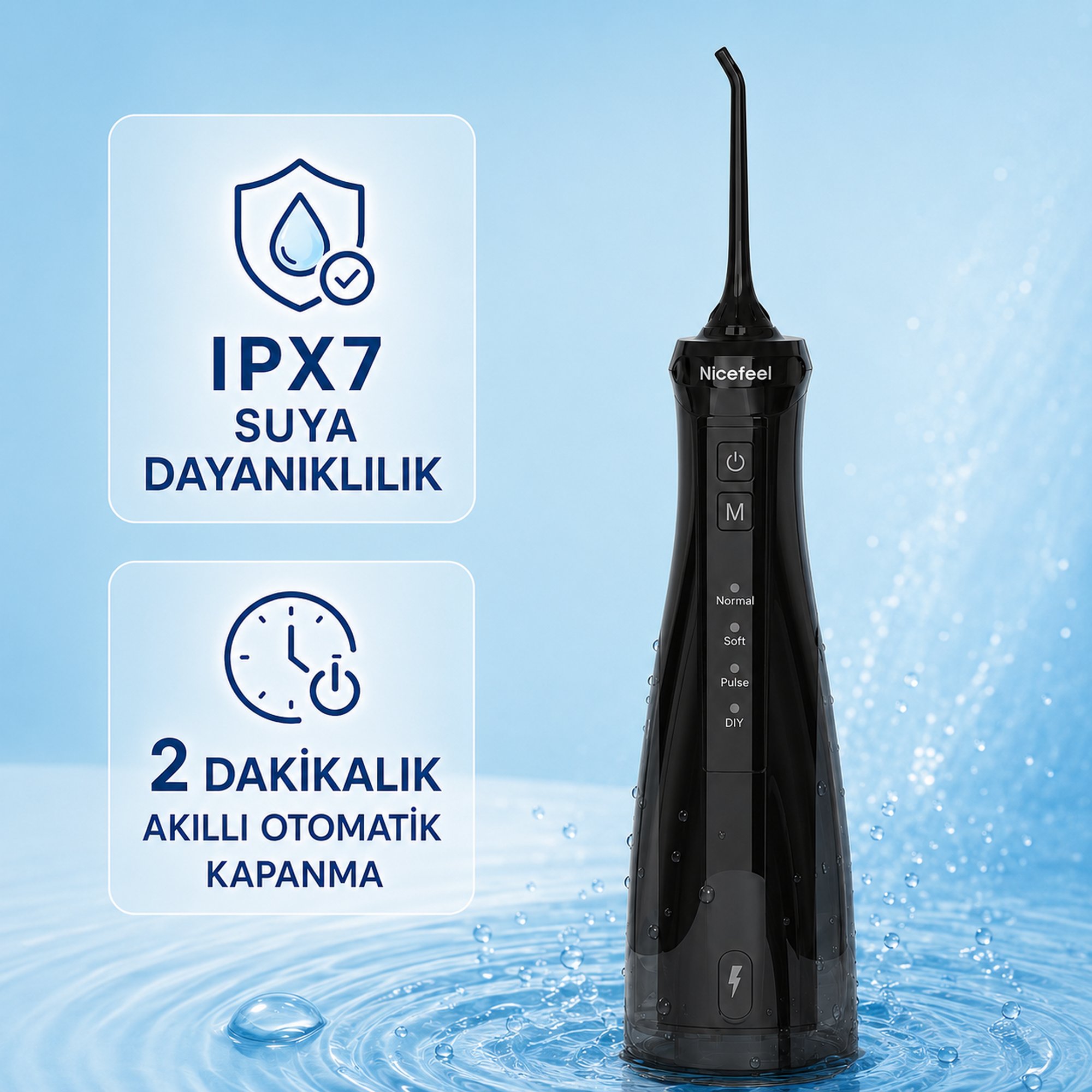  NPO Nicefeel FC5610 Şarjlı Taşınabilir Ağız Duşu 4 Modlu 280 ml IPX7 Diş Teli ve Protez Bakımı Siyah  